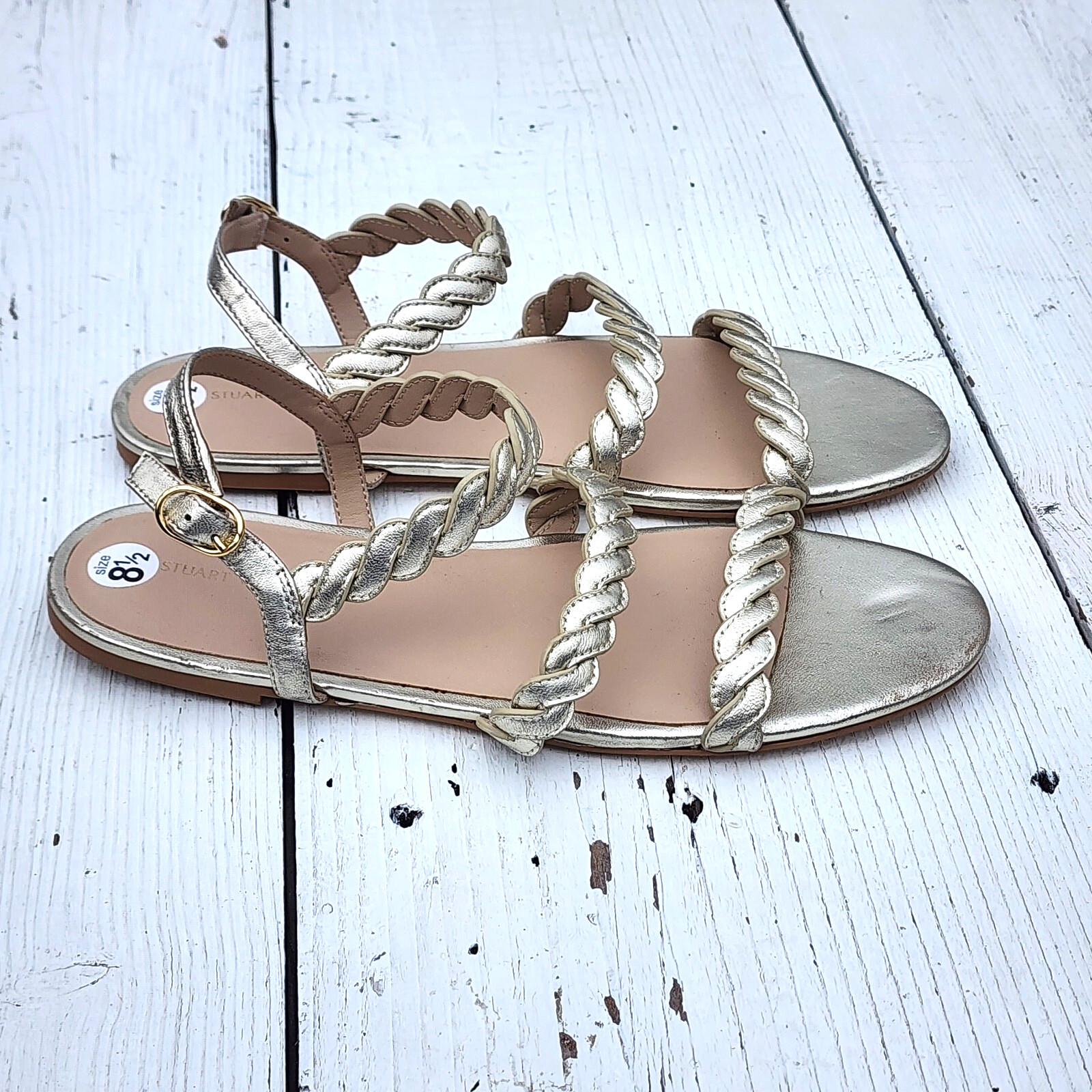 Stuart Weitzman Platino Gold Twistie Slingback Sandals 8.5 EU 39 WORN ONCE