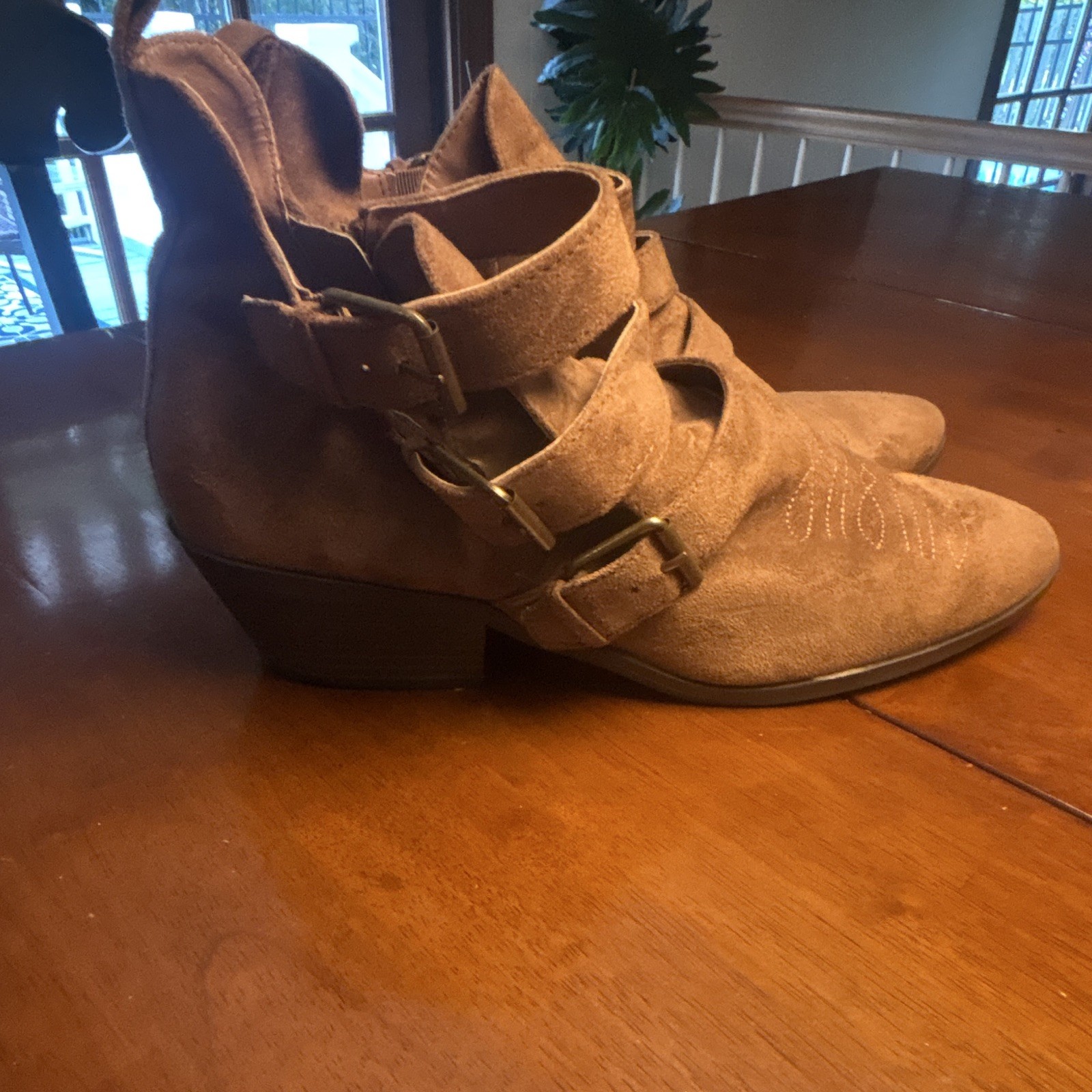 Women’s Brown Suede Cut-Out Ankle Booties Buckle Straps Side Zip US 11