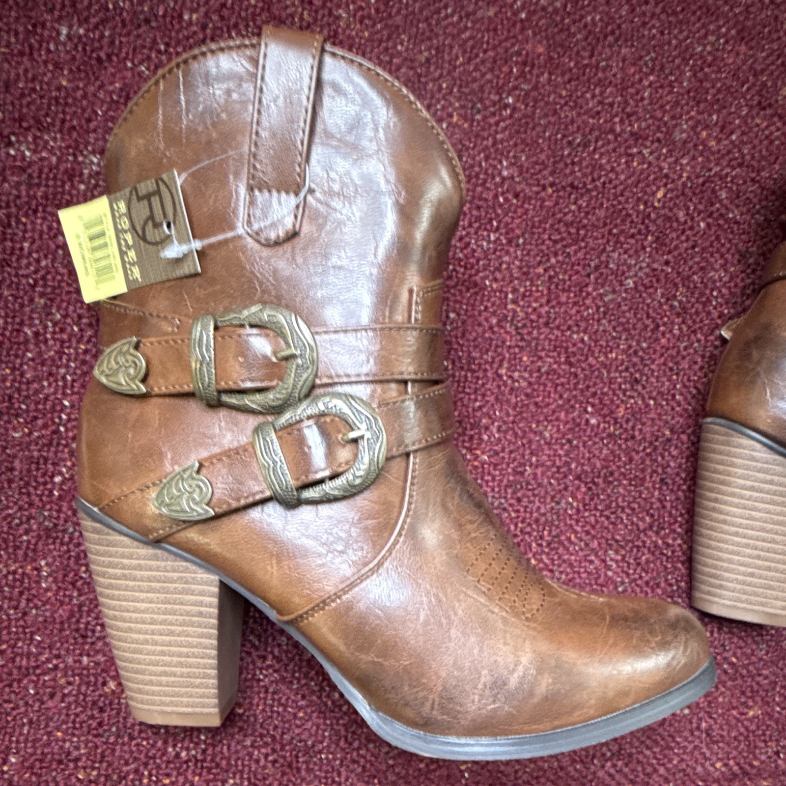 Roper Women’s Brown Leather Western Ankle Boots Pointed Toe Side Zip Buckle