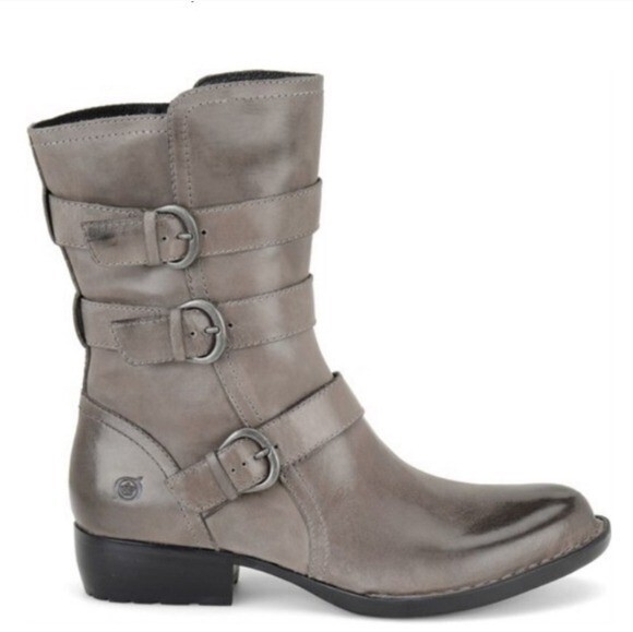Born Mariette Gray Leather Buckle Strappy Moto Punk Grunge Boho Mid Calf Boots