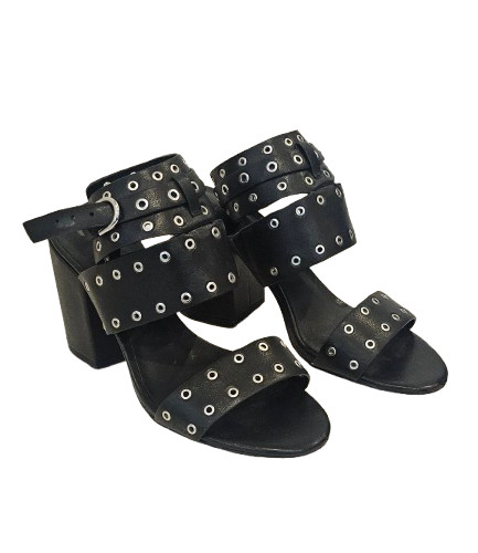 Rebecca Minkoff Black Carter Grommet Chunky Block 3.5″ Heel Sandal Size 6.5