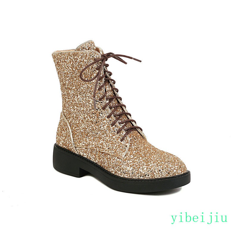 Women’s Glitter Sequins Ankle Boots Lace Up Performance Cosplay Shoes Plus Size