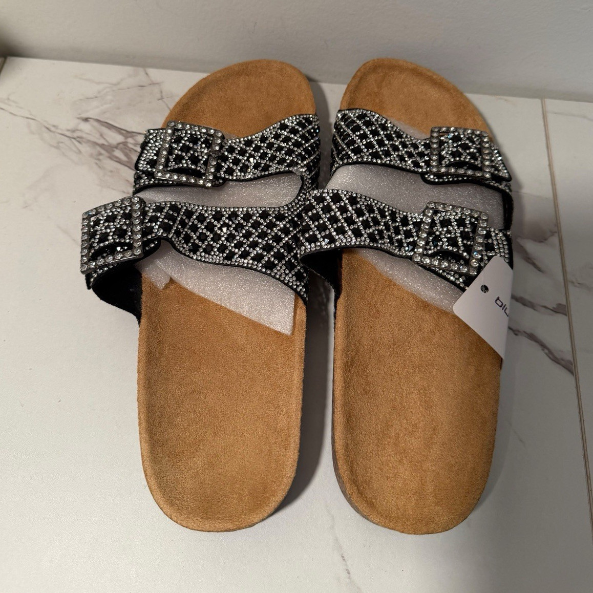 blue Women’s Black/Silver Leather Slide Sandals Slip-On Buckle Rhinestone US9