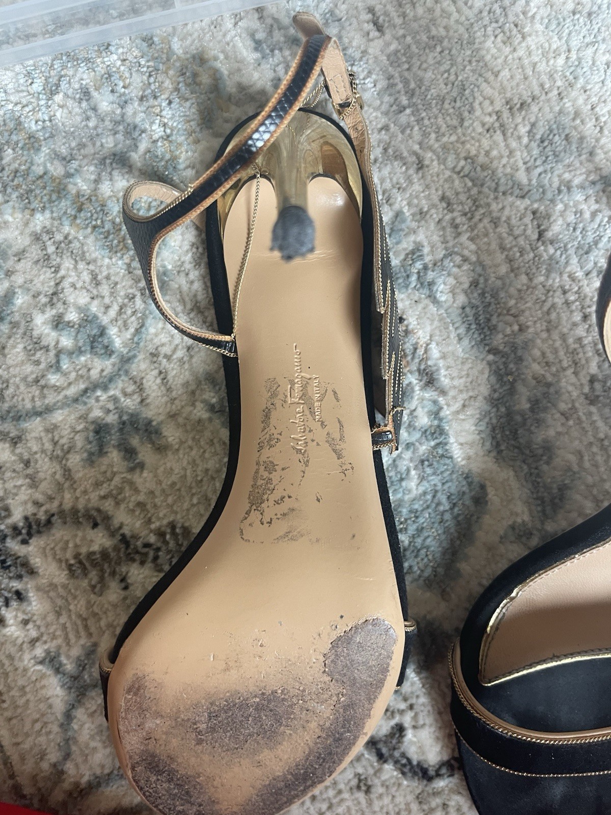 Salvatore Ferragamo Black/Gold Leather Strappy Open Toe Ankle Strap Heels