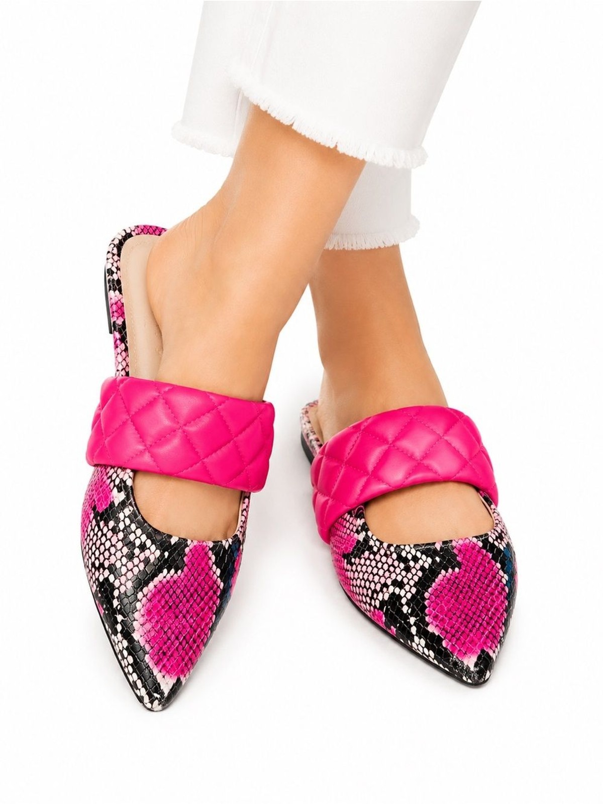 Quilted Hot Pink Strap Pointed Mule with Pink Snake-Print