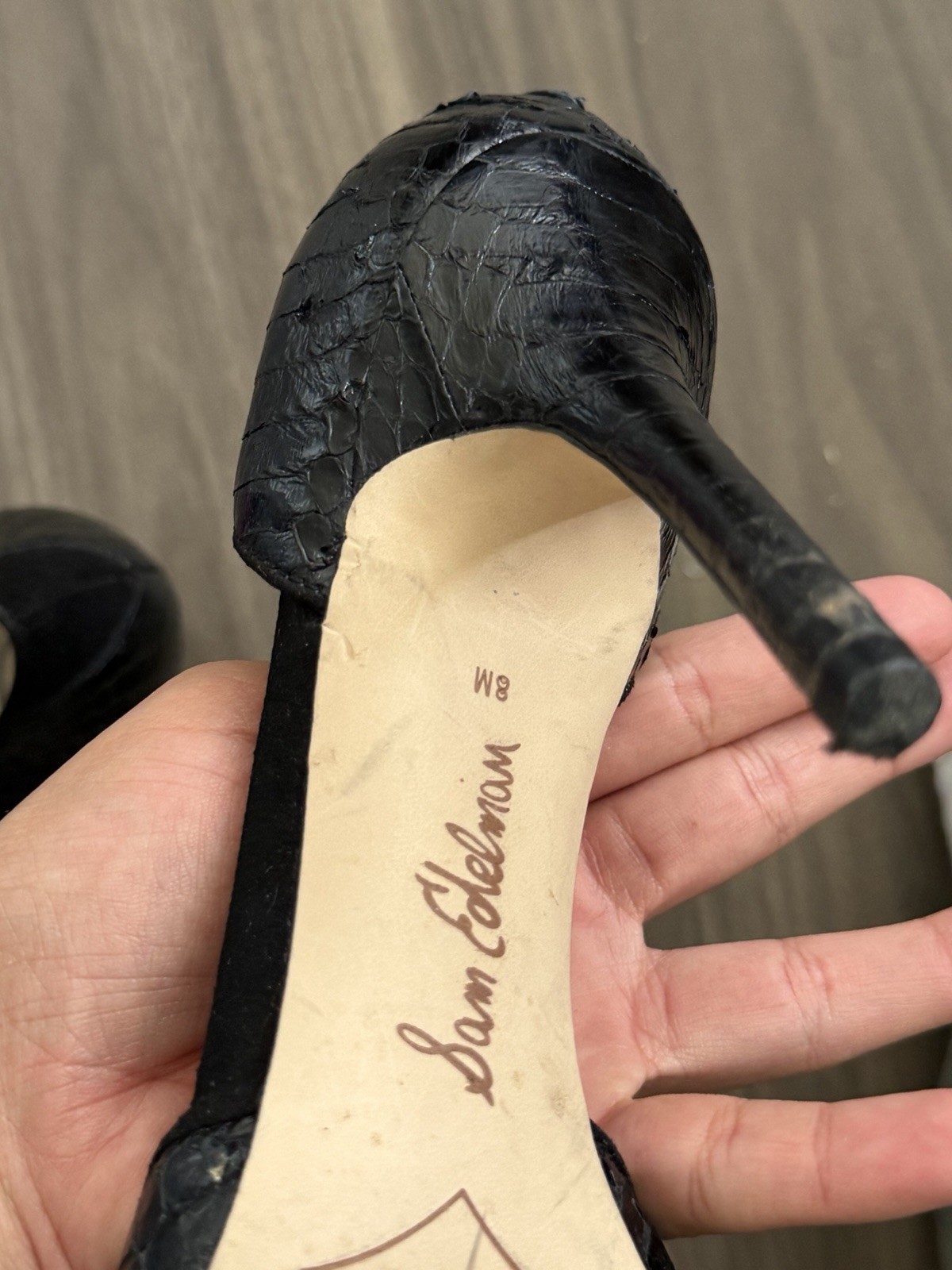 Sam Edelman Black Leather Python Embossed Pointed Toe Stiletto Pumps 8