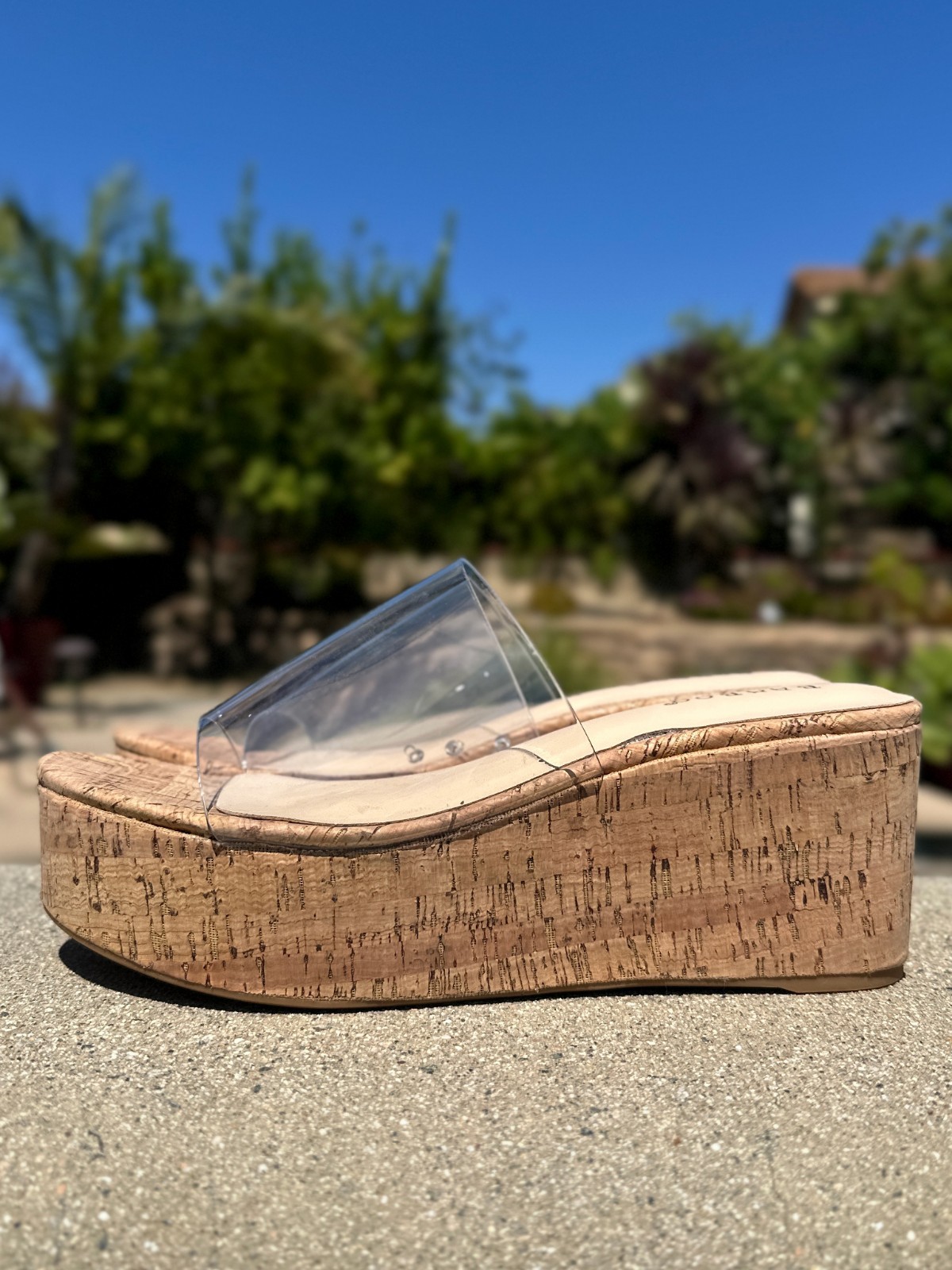 NEW Transparent Clear Open Toe Cork Platform Med Wedge Heel Slide Sandals Mules
