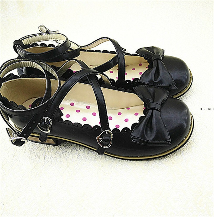 Women Lolita Low-heeled Mary Jane High Heel Cross Straps Bow Knot Princess Shoes