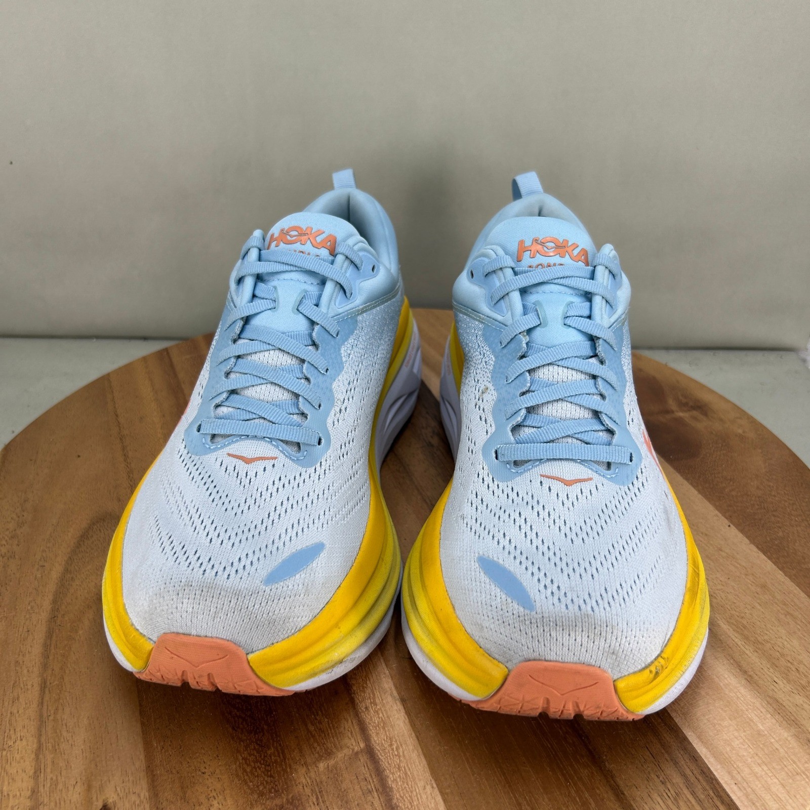 Hoka Bondi 8 Womens Running Shoes Sky Blue Yellow Cushioned Size 12 B Comfort