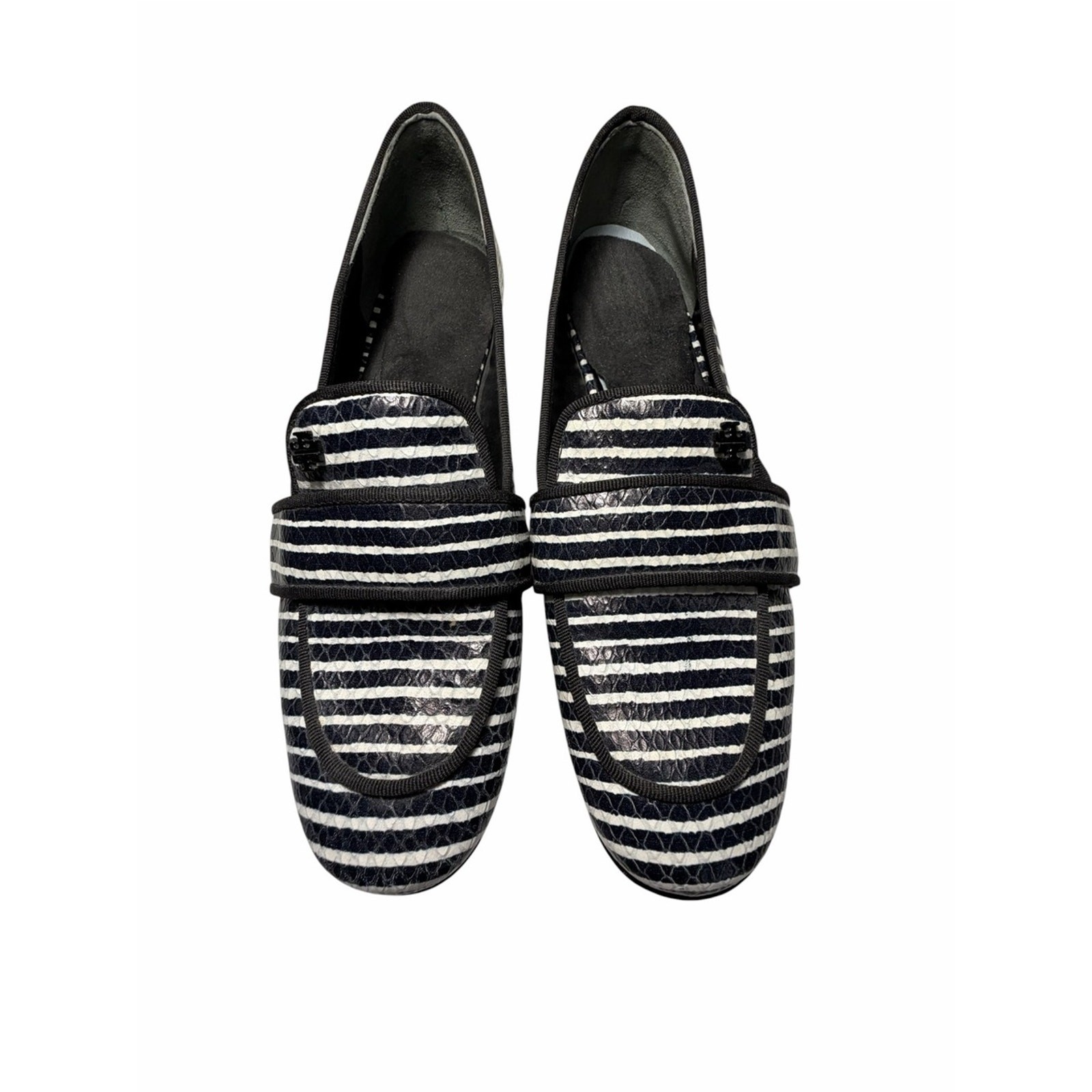 Tory Burch Evette Penny Loafers Striped Black & White Leather Loafers Sz 5.5