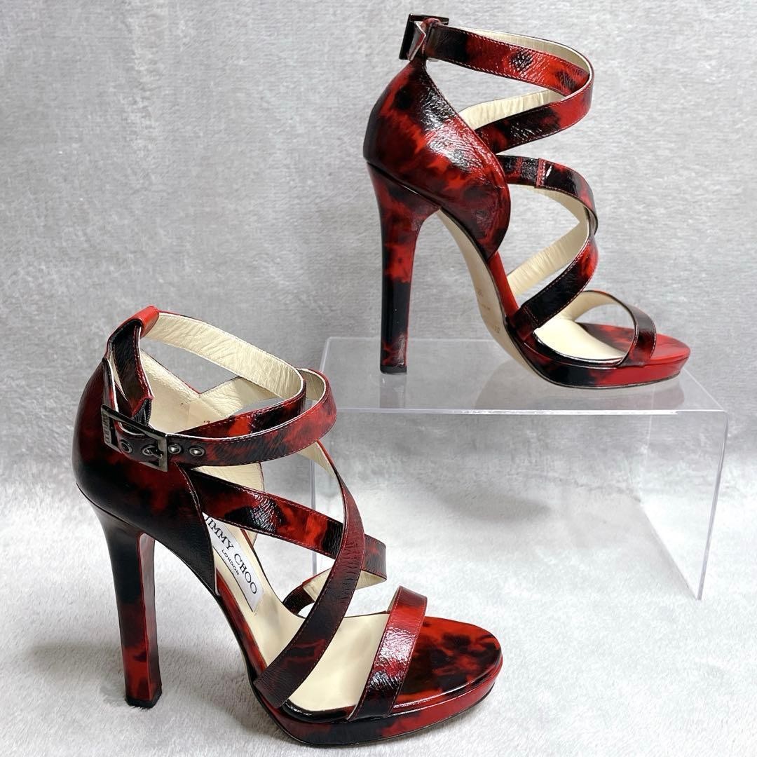 JIMMY CHOO Tie Dye Patent Red Black Cross Strap Heeled Sandals Shoes EU 36.5