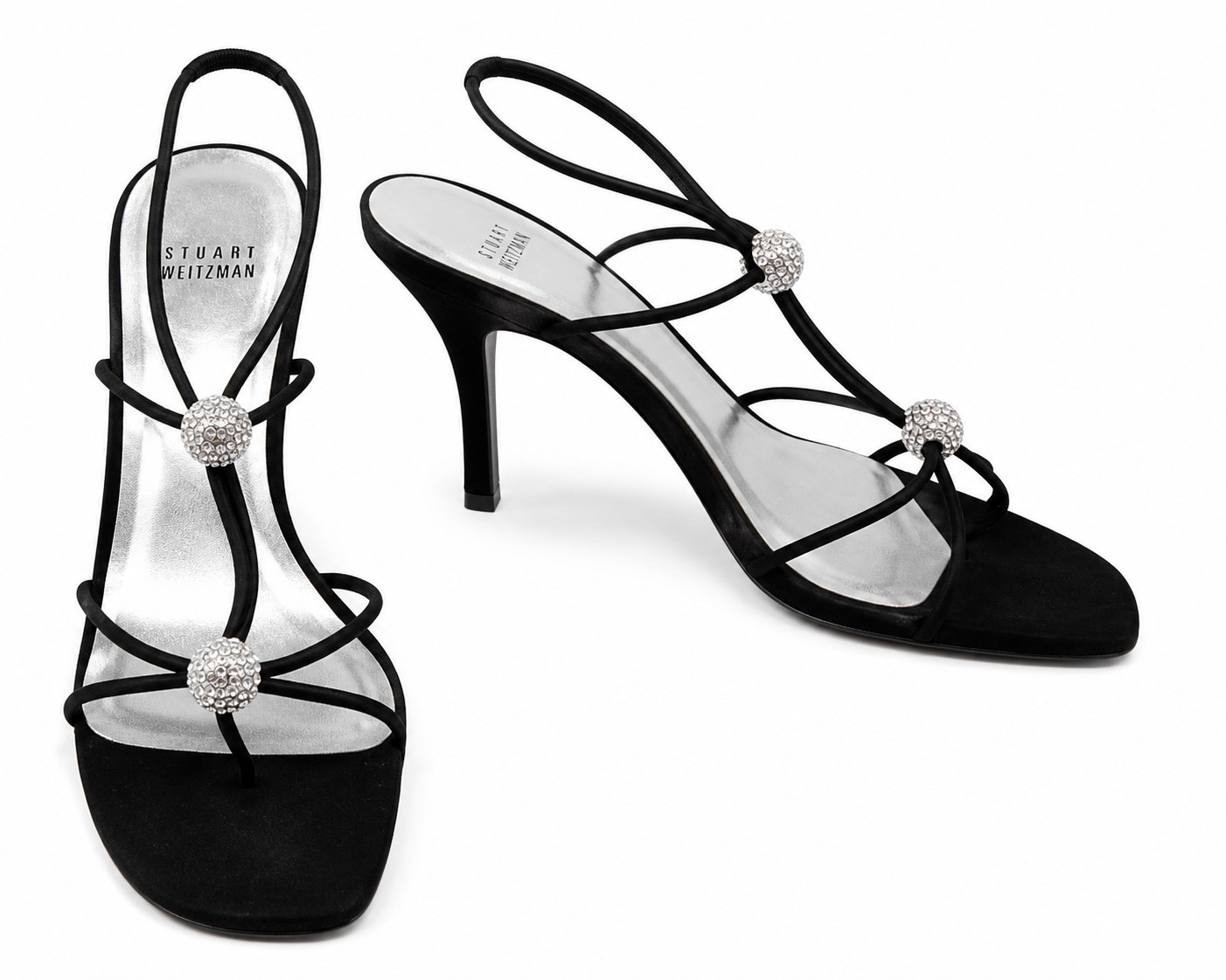 Stuart Weitzman Rhinestone Strappy Slingback Heels Black Satin Women’s 8.5 M