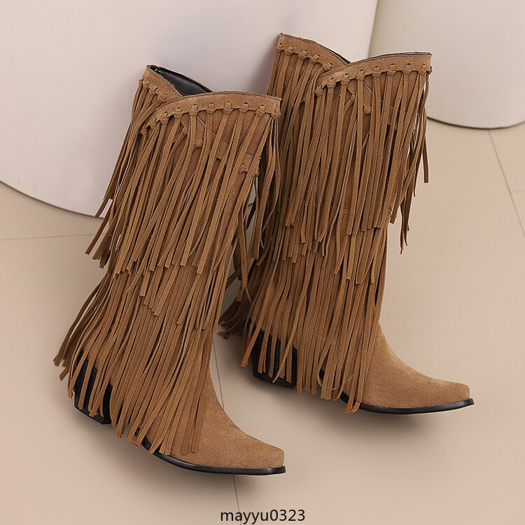 Womens Tassel Fringe Mid Calf Boots Mid Block Heel Western Cowgirl Shoes Hot