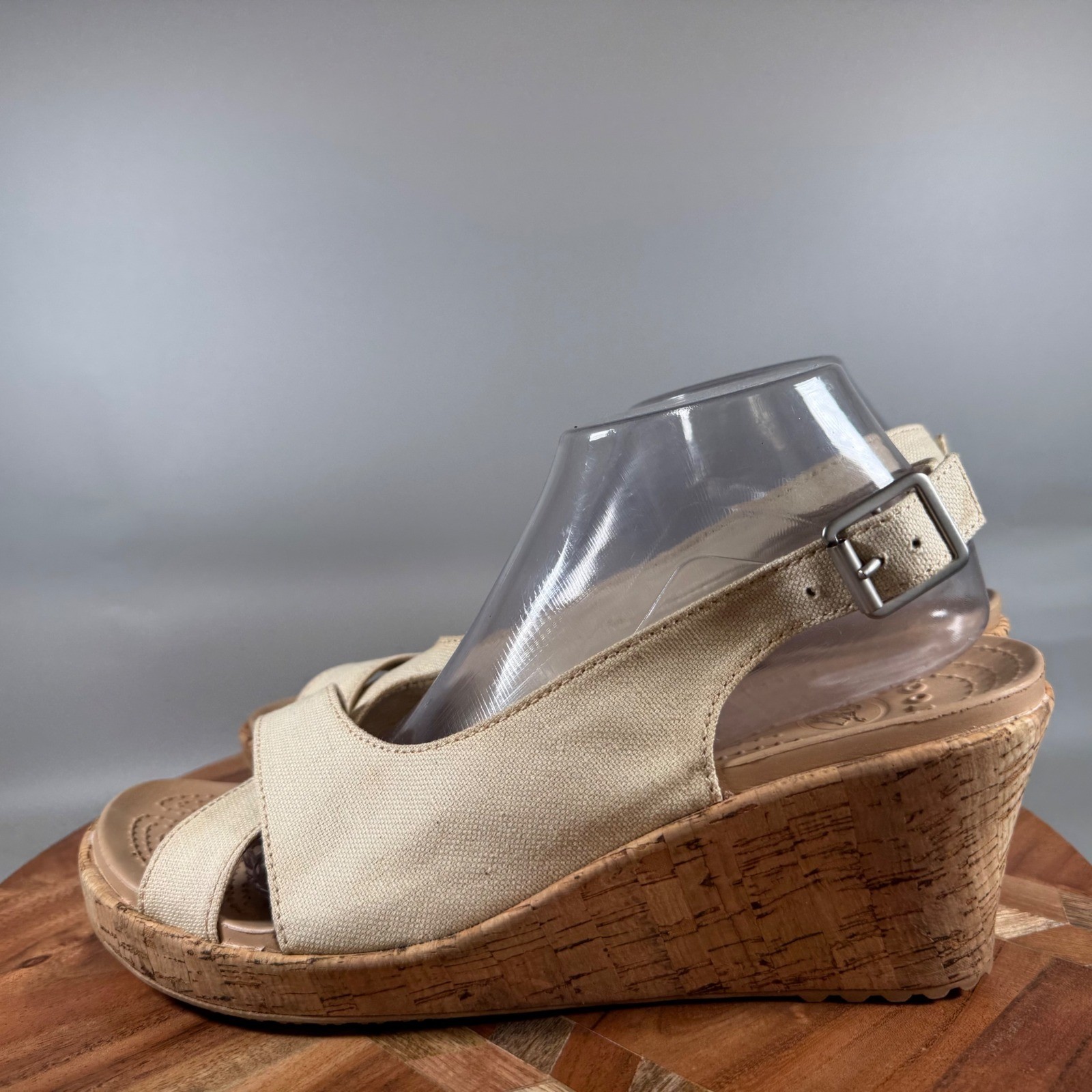 Crocs Leigh Wedge Sandals Womens 11 Oatmeal Tan Canvas Cork Heel Slingback