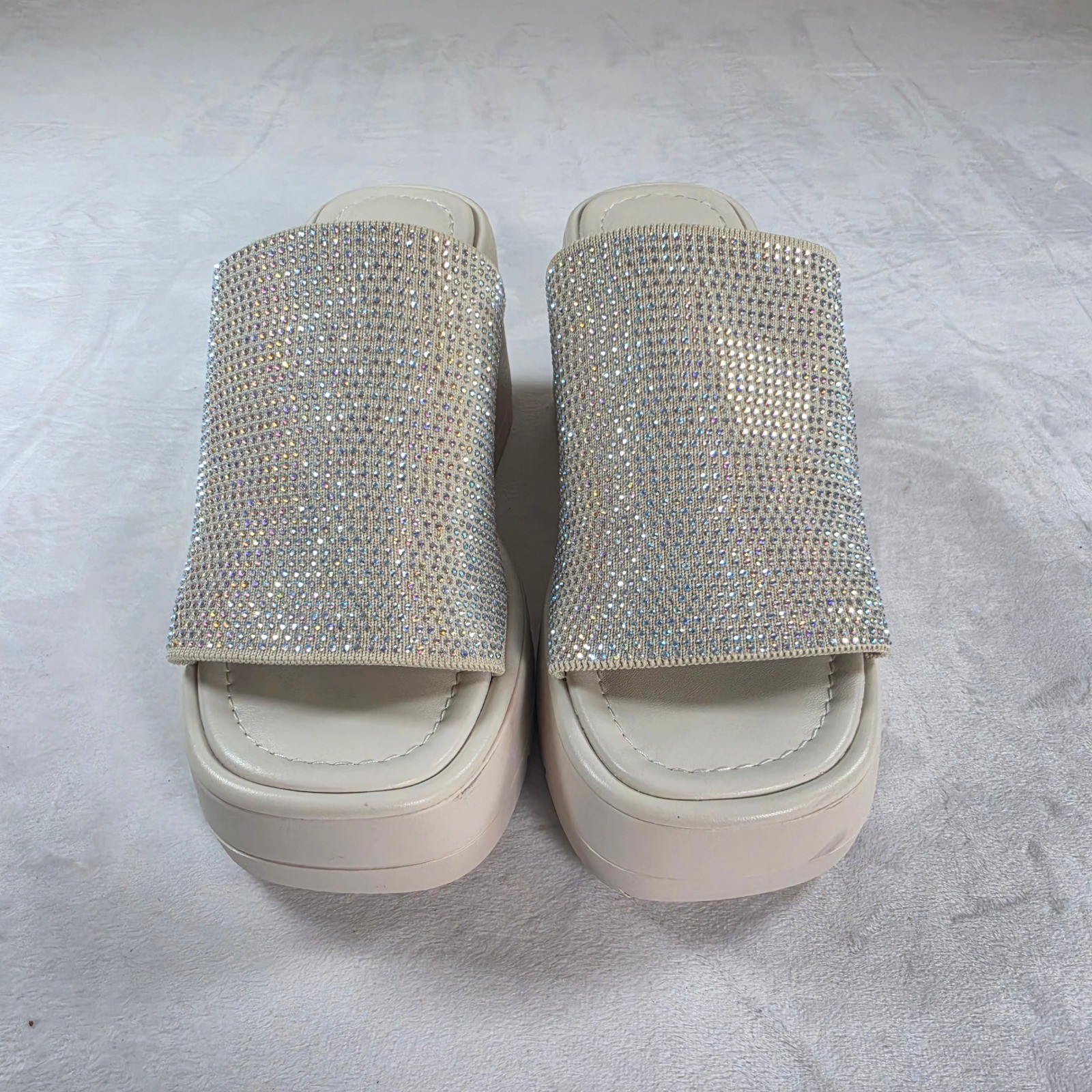 Soda Select Womens Rhinestone Embellished Platform Wedge Slide Sandals Beige 7.5