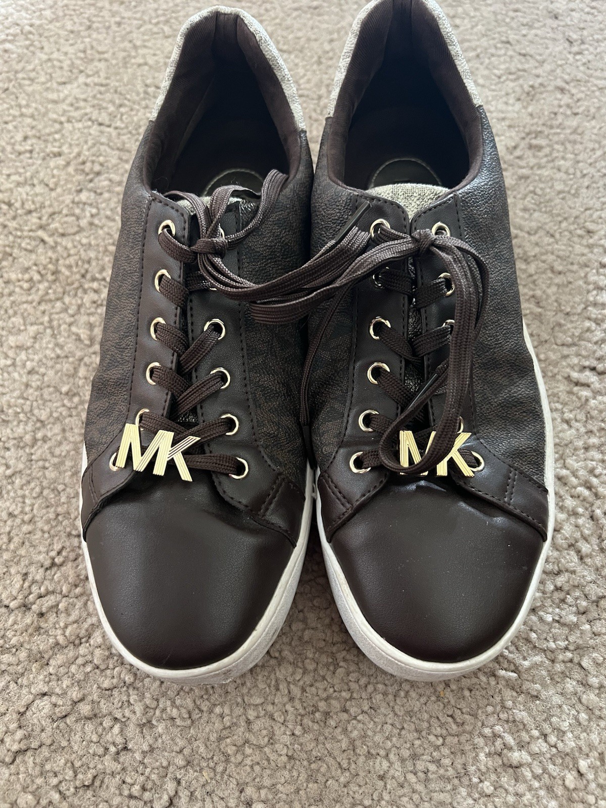 Michael Kors Brown White Gold Logo Low Top Leather Lace Up Sneakers