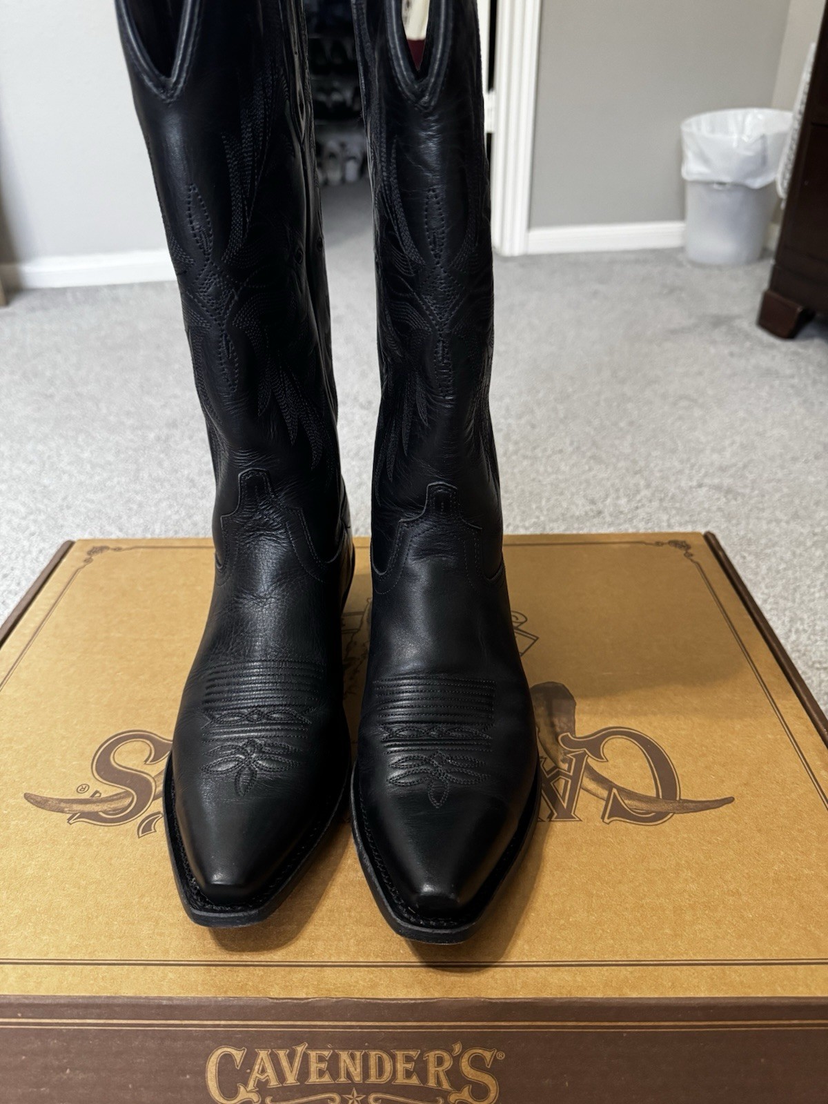 Old West Men’s Black Leather Pull-On Western Cowboy Boots Embroidered 8B