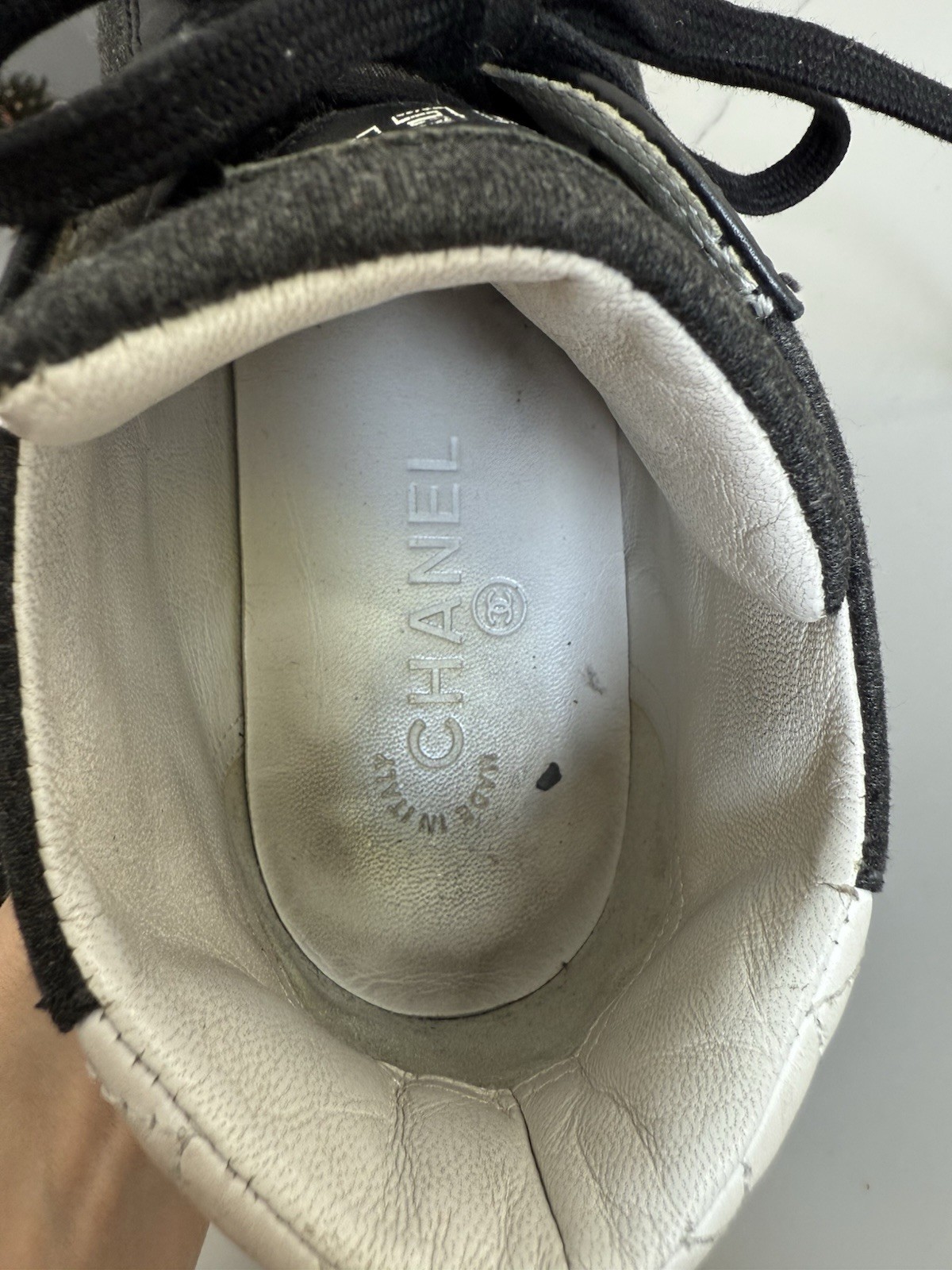 CHANEL High Top Sneakers Black Wool White Quilted Leather CC Logo Italy 7.5 -8