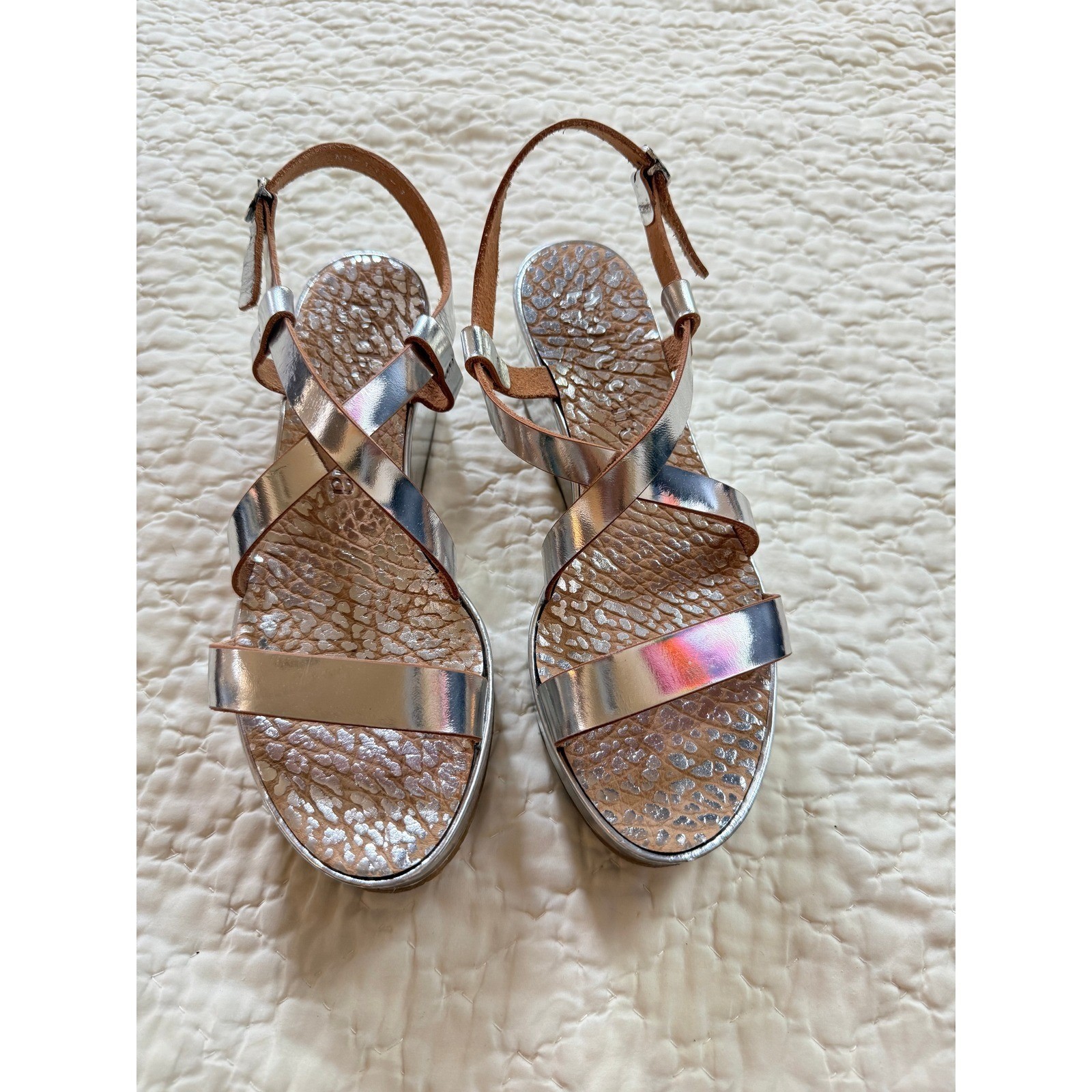 Pedro Garcia Silver Metallic Platform Sandals Block Heel Mirror Finish Strappy