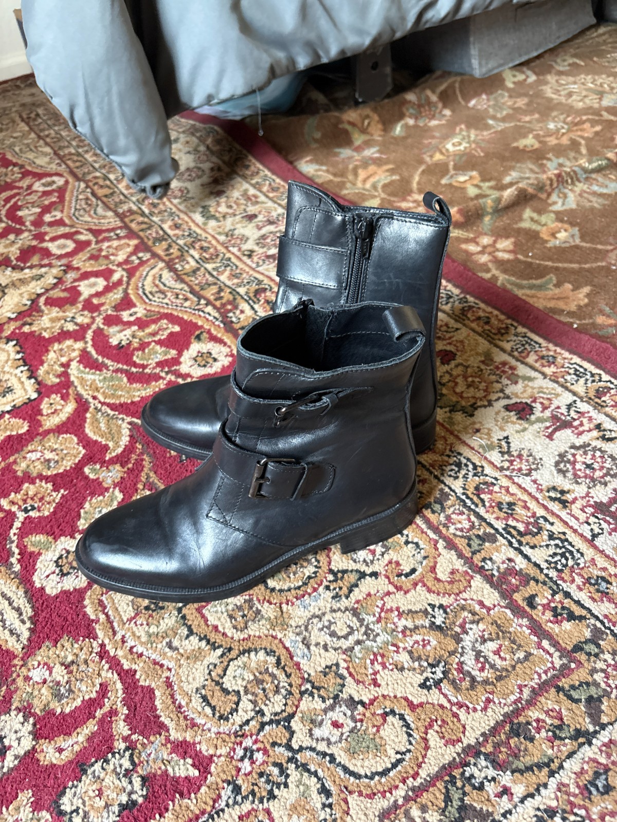 Emanuele Crasto Italian Leather Moto Ankle Boot Black Double Buckle Women 39 8.5