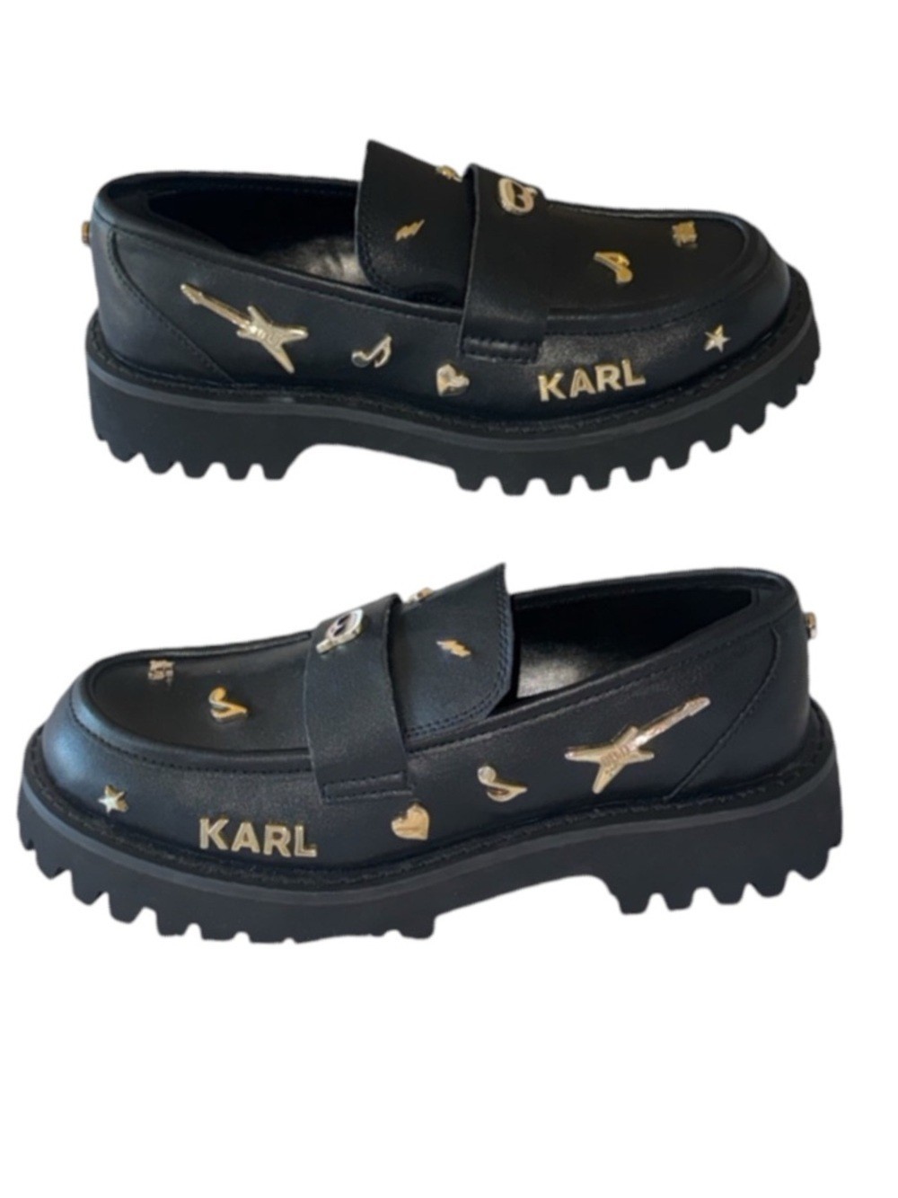 NEW KARL LAGERFELD Gaston Rocker Loafer Slip On Gold Guitar Charm Lug Sole SZ-8