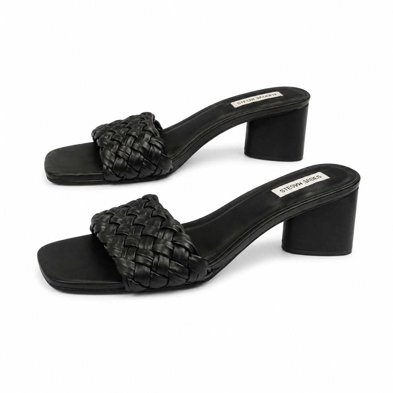 Steve Madden Womens 9.5 Palas Sandal Black Block Heel Slide Square Toe Braided