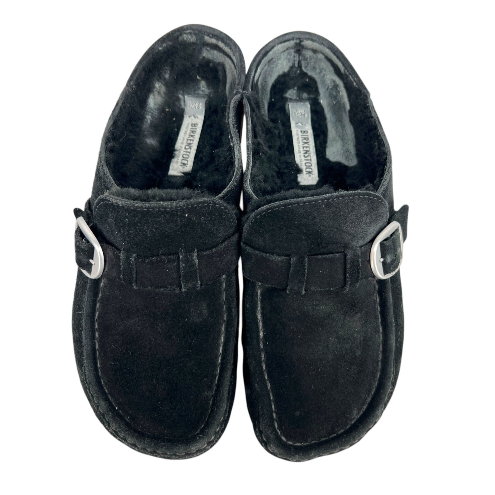 Birkenstock Buckley Shearling Clogs Black Suede Lined Slip-On Shoes Size 38 US 7