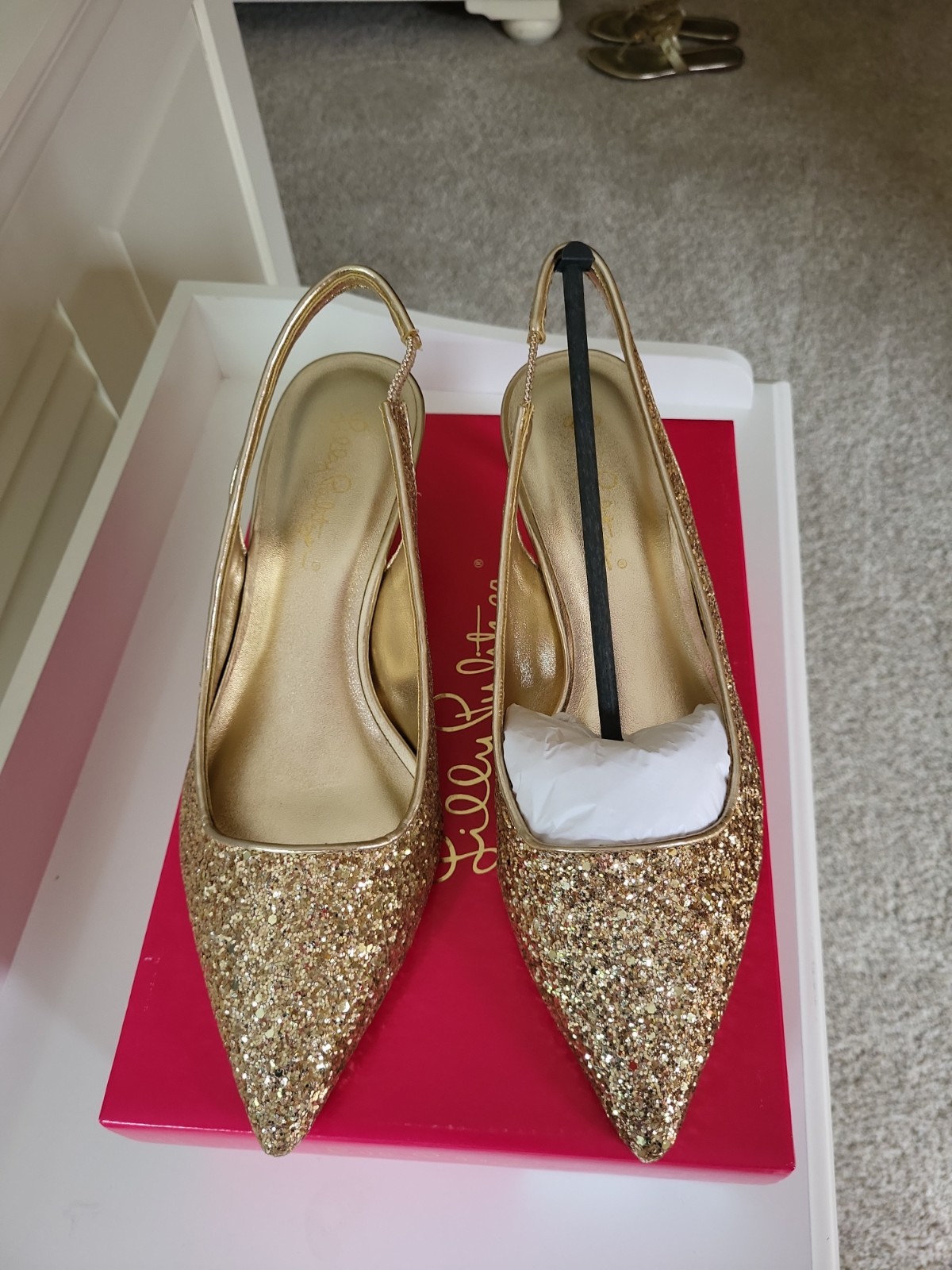 Lilly  Pulitzer Shaina GOLD GLITTER METALLIC Slingback KITTEN HEELS 8.5 NIB