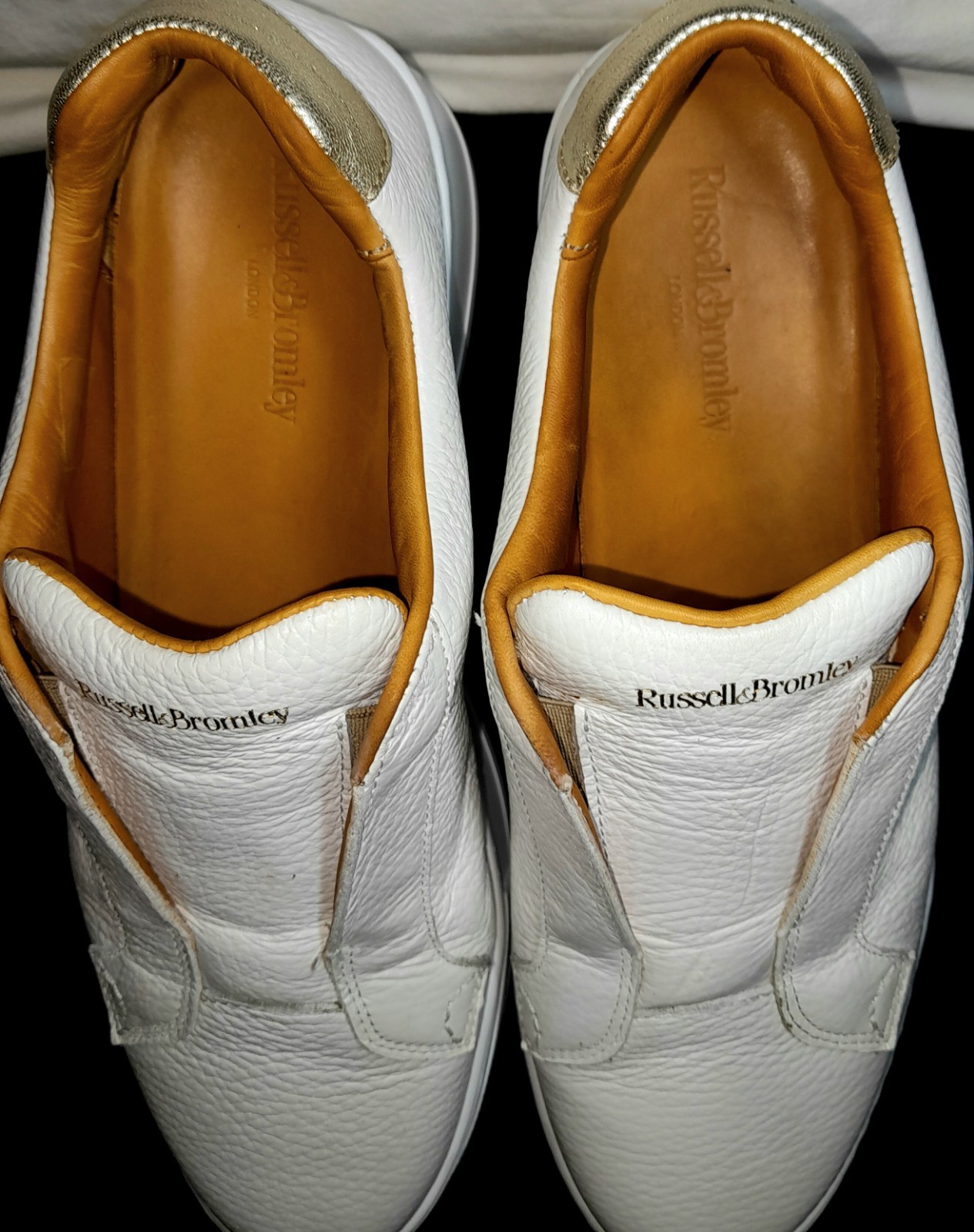 RUSSELL & BROMLEY WHITE LEATHER PARK UP LACE LESS, PLATFORM TRAINERS WOMEN SIZE
