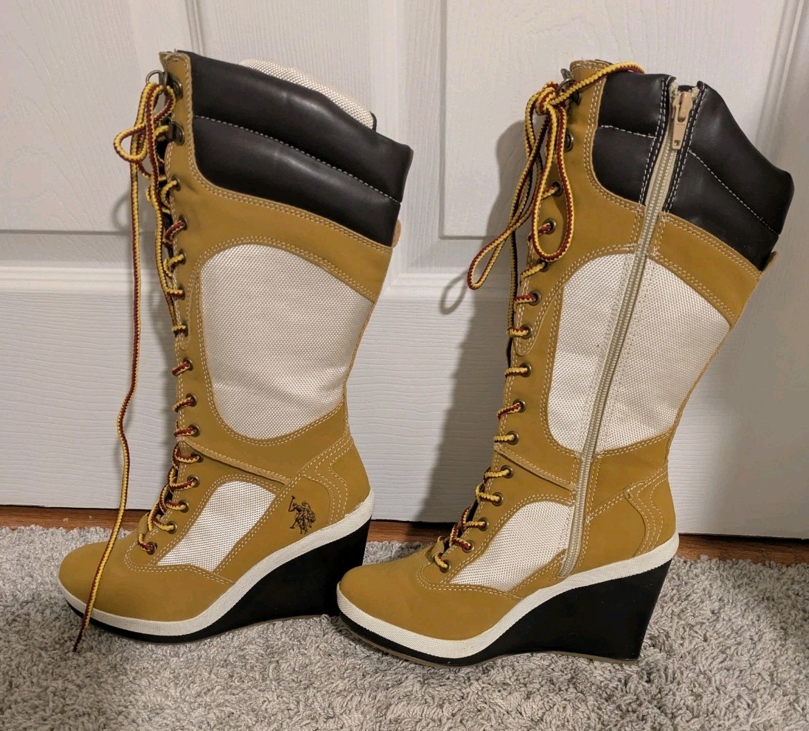 U.S. Polo Assn. Women’s Tan Lace-Up Wedge Boots Size 6M – Faux Leather/Fabric