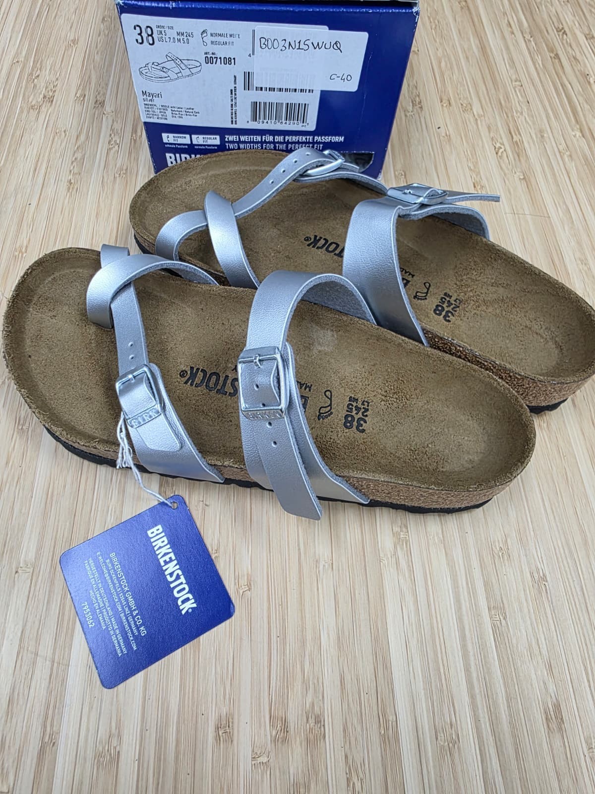 Birkenstock Unisex Mayari Stone Birko-Flor Sandals SILVER Size EU38/US L7.0-M5.0