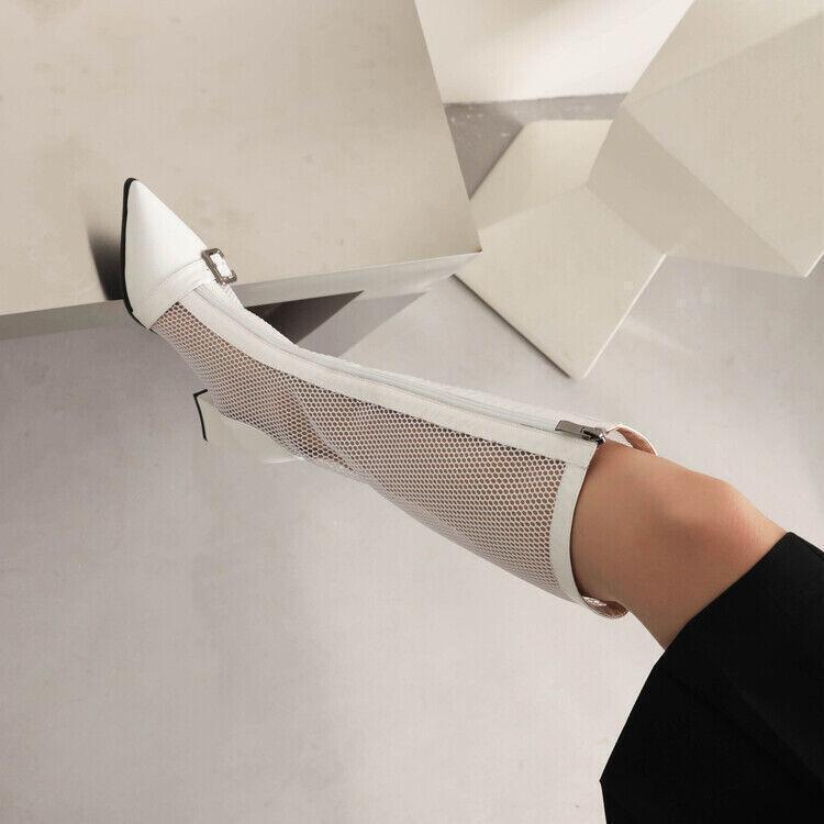 Women’s Mesh Sandals Pointed Toe Knee High Boots Buckle Block Heels Zip Occident