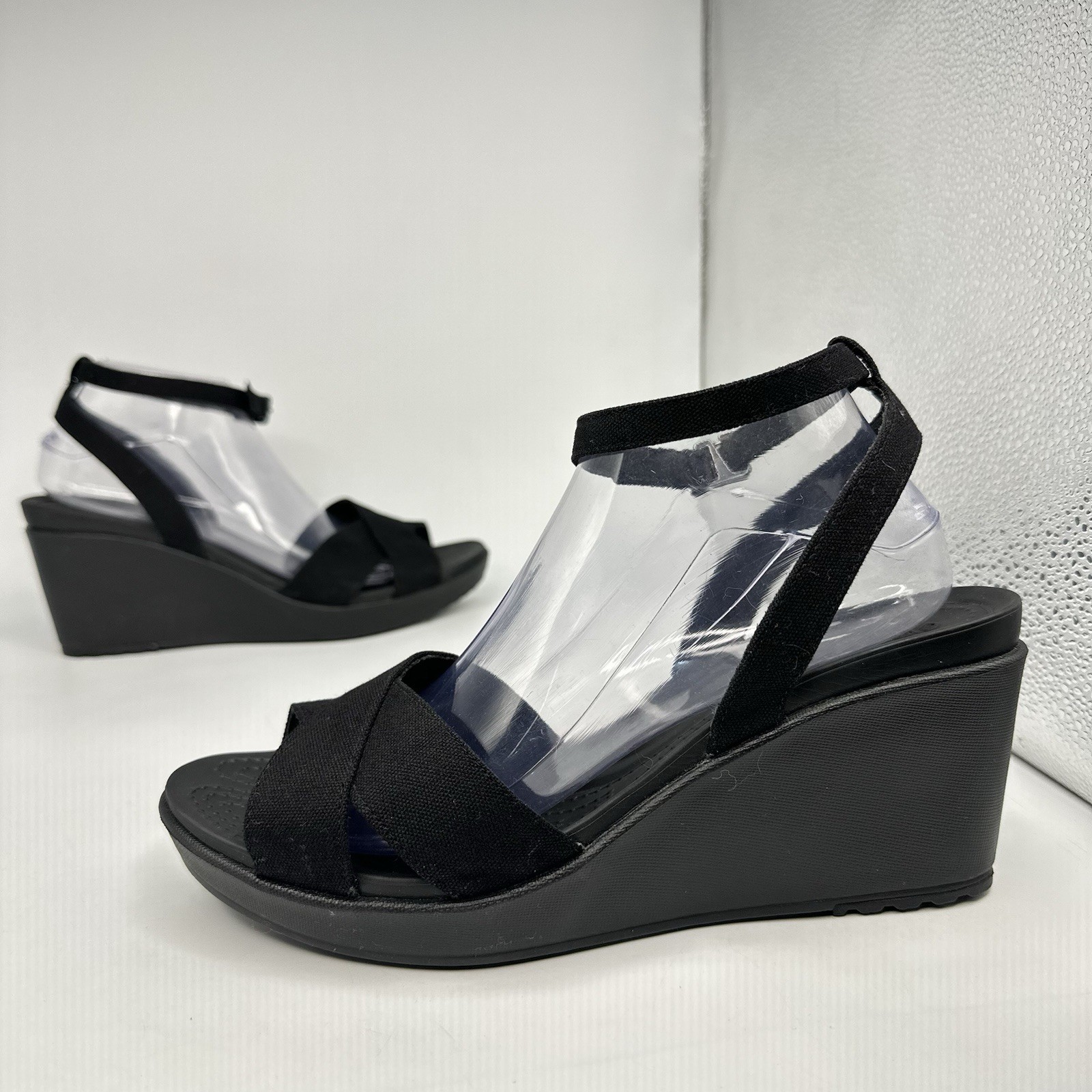 Crocs — Leigh II Women 11 Ankle Strap Wedge Canvas Croslite Foam Sandal 204950