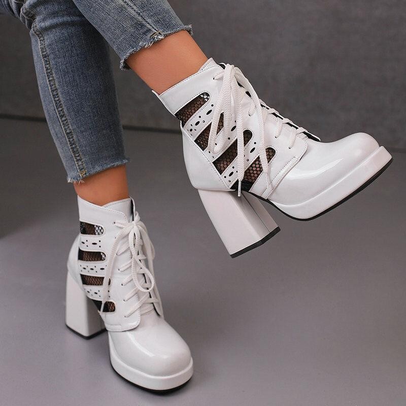 Chic Women’s Faux Leather Mesh Patchwork Sandals Lace Up Dress Party Ankle Boots