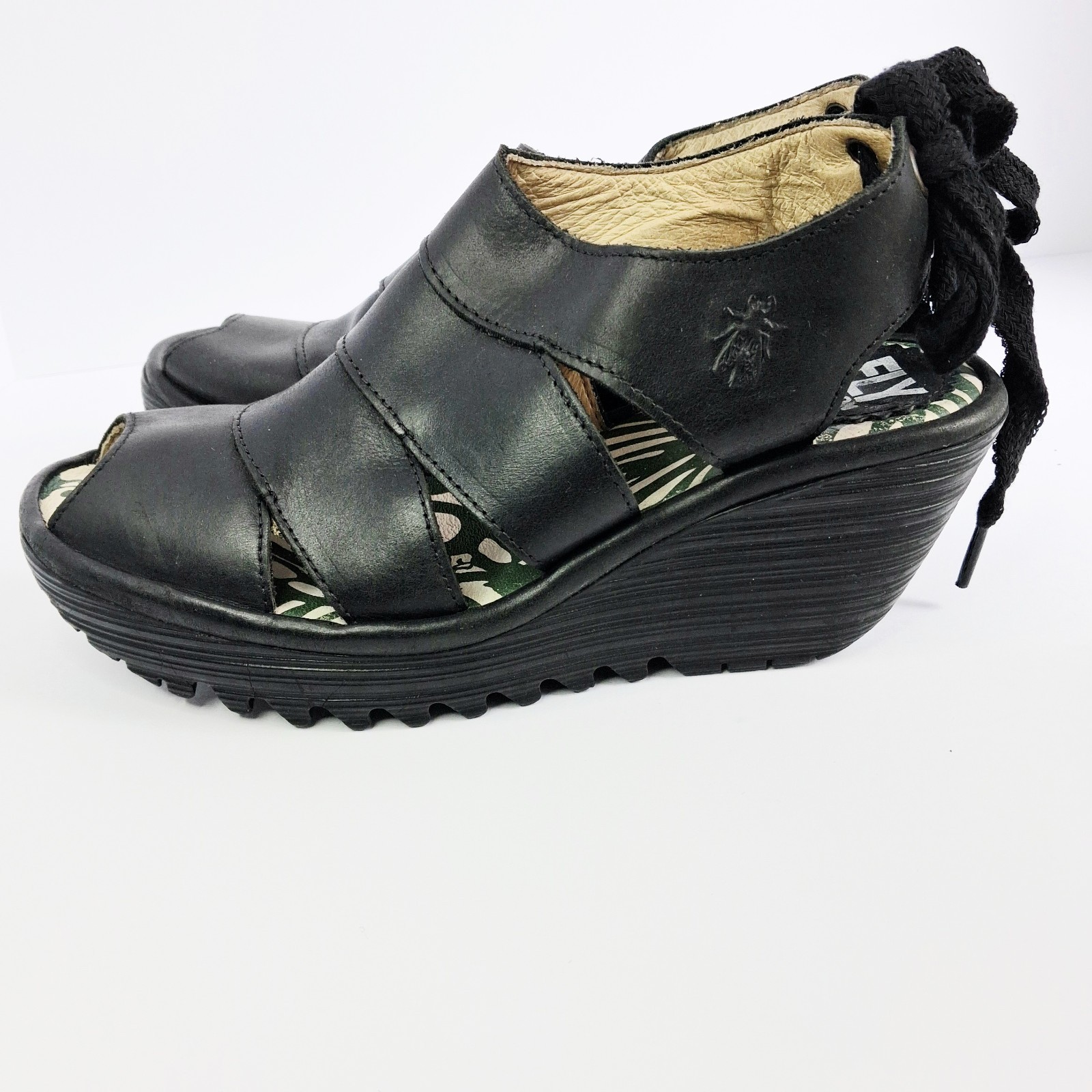 FLY London Yown Black Women’s Wedge Peep Toe Sandals Laced Backs Size 6-6.5