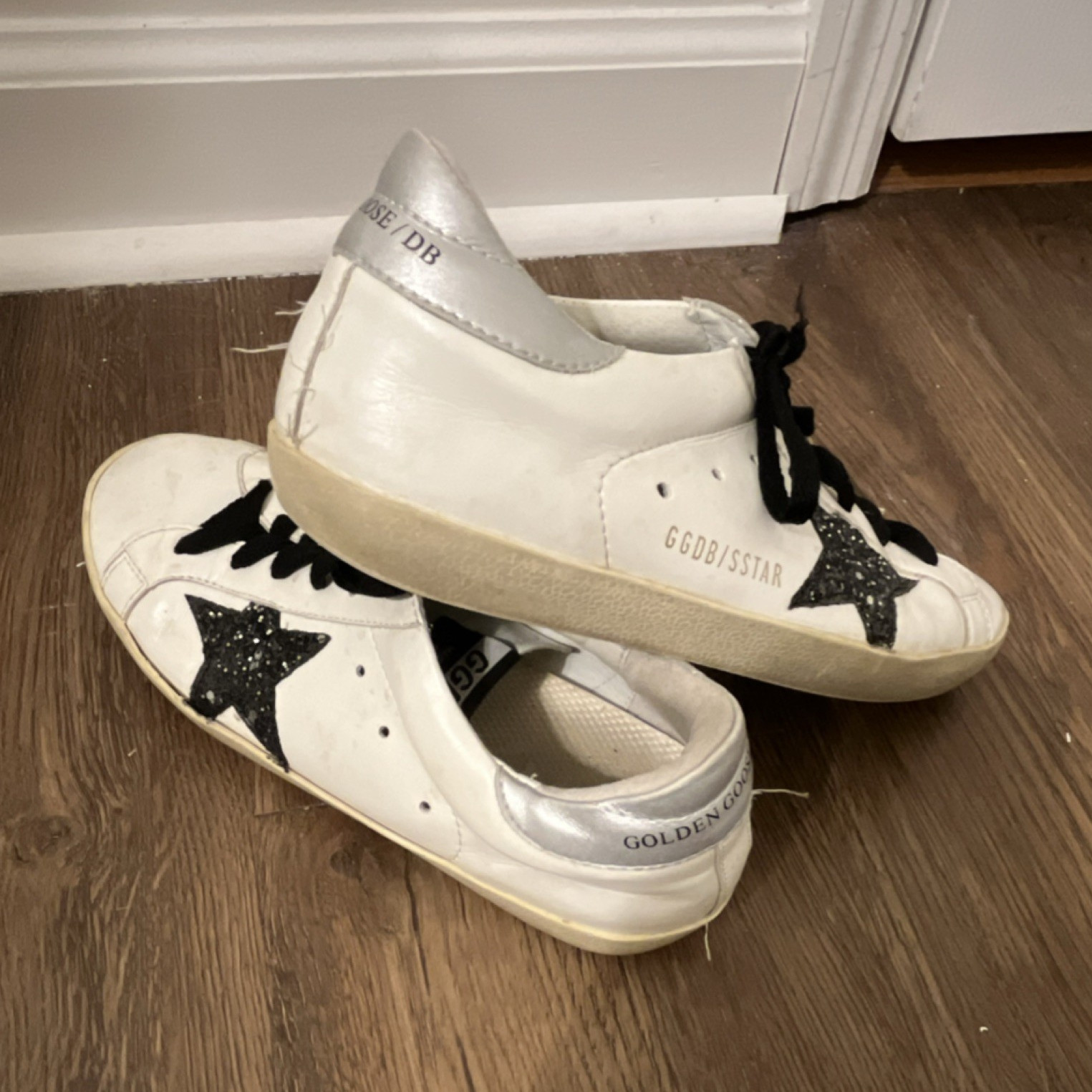 Golden Goose Dupes Superstar Leather Sneakers, Lace Up, White/Black/Silver