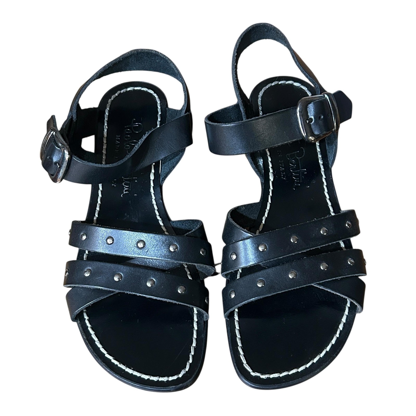 Paolo Bentini Sz 7 Black Leather Studded Sandals Italy Moto Punk Minimalist Flat