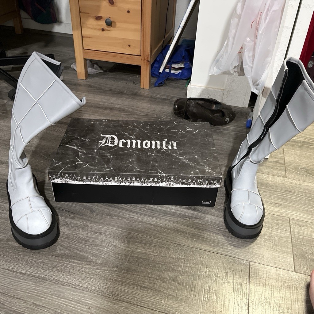 Demonia Slacker-230 Women’s Knee High Zip Platform Boots White/Gray/Black US 8