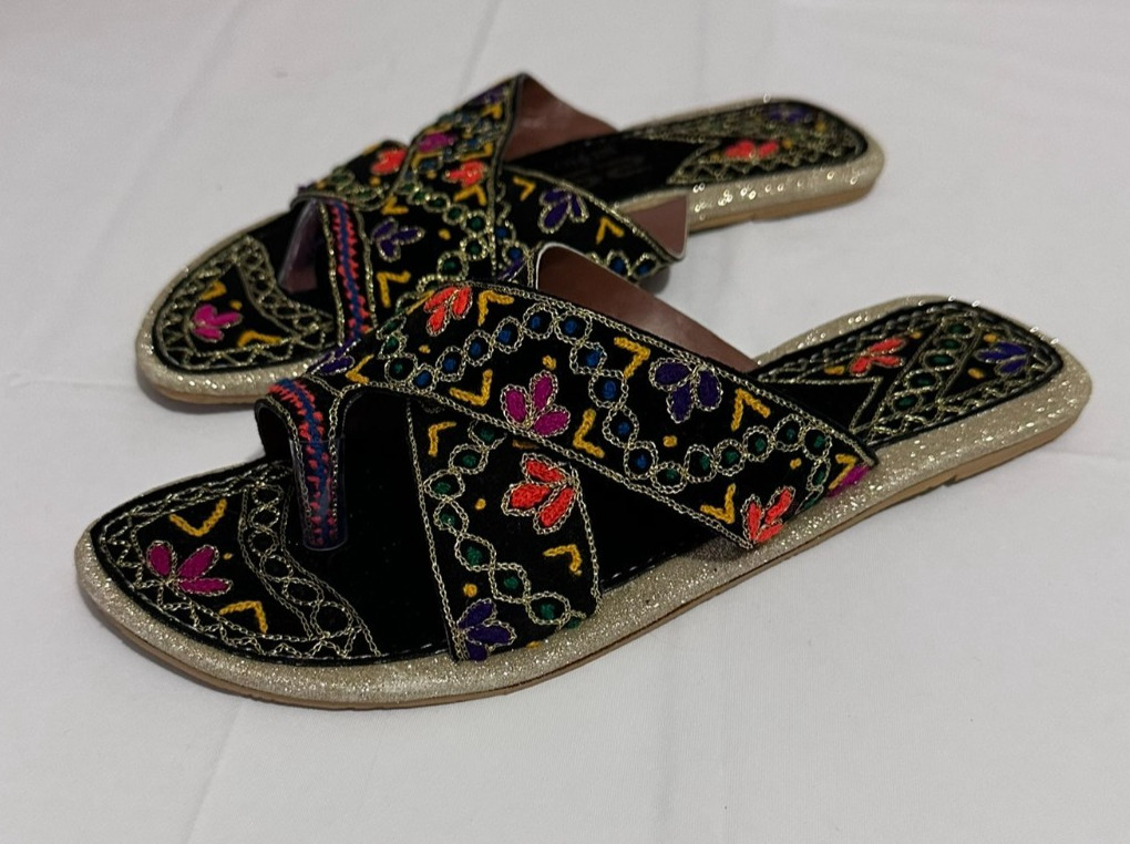 Black and Multicolored Embroidered Floral Sandals Flip Flops Boho Hippie