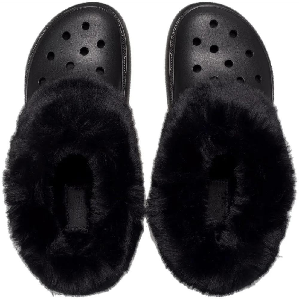 Crocs Furever Crush Black Faux Fur Platform Clogs Slip On women 6/men 4