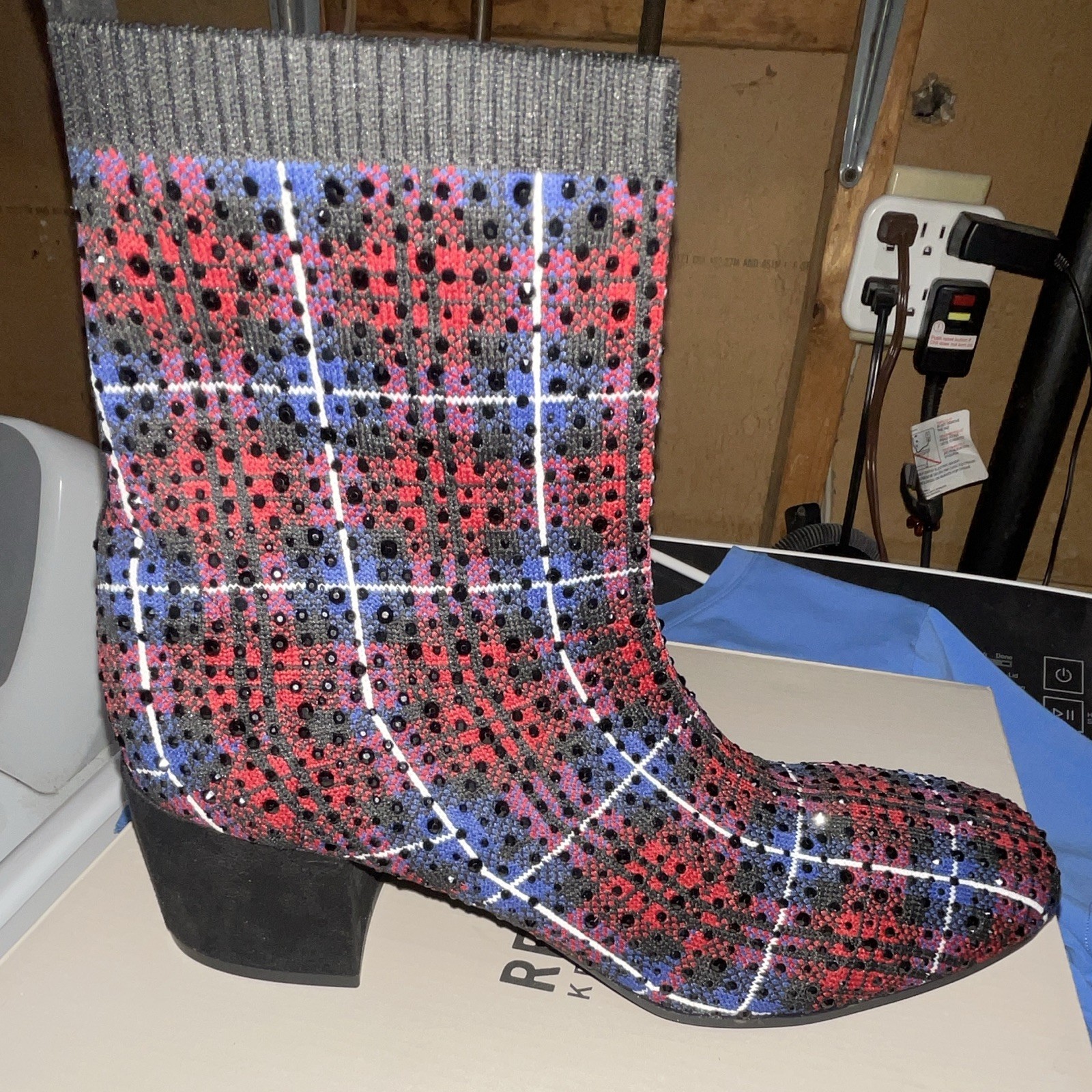 Kenneth Cole Reaction Irida Stretch Jewel Plaid Knit Ankle Bootie US 7.5 M