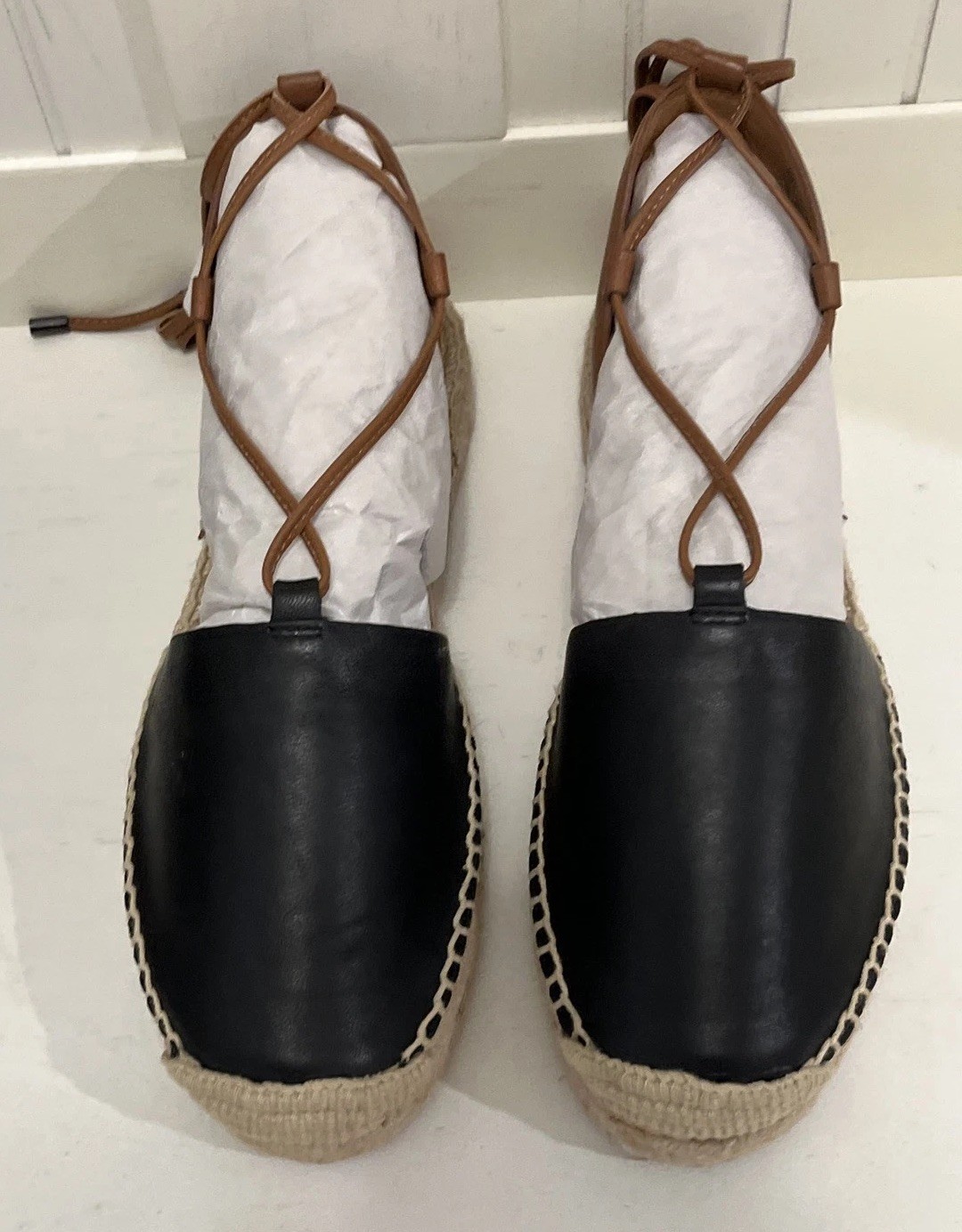 Coach Rita Espadrille Sandals Size 5.5M Black Leather LaceUp Flat Shoes NiB