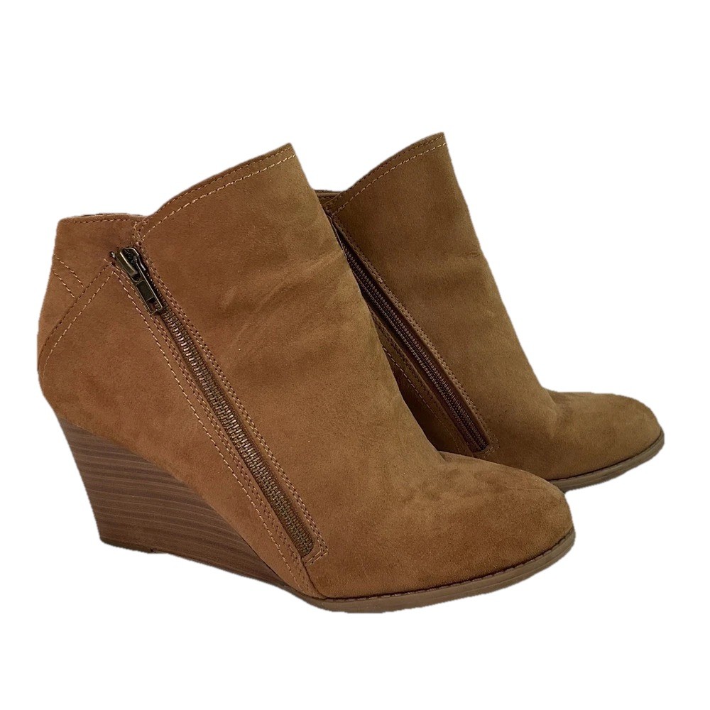 Ruff Hewn Tan Vegan Suede Wedge ZIP UP Booties size 9 WORN ONCE