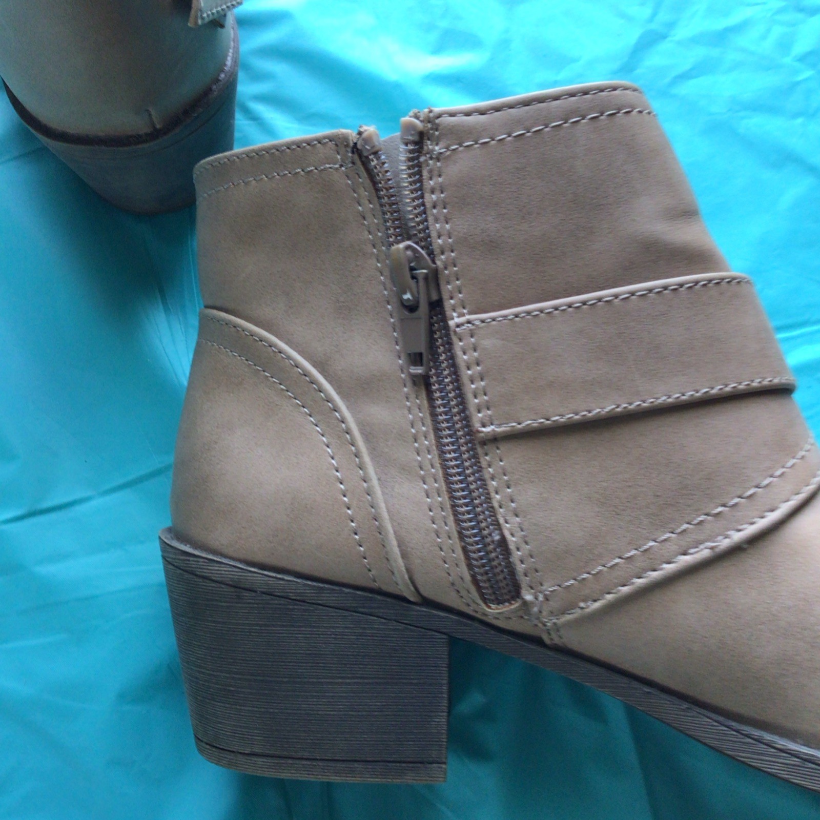 Boho western style Beige Ankle Booties Buckle Zipper Man Made Leather