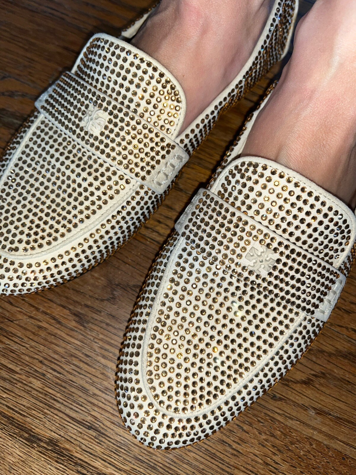 Tory Burch Champagne Crystal Covered Cream Suede Ballet Flats Loafer Sz 7.5 EUC!