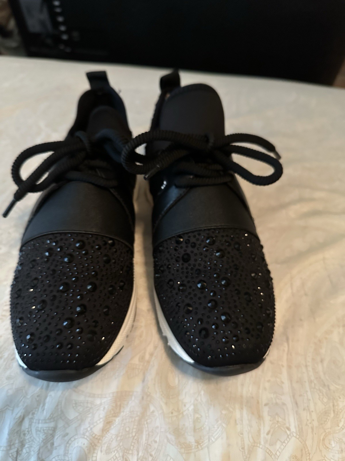 Carvela Galaxy Women’s Black Leather Low Top Lace-Up Rhinestone Sneakers