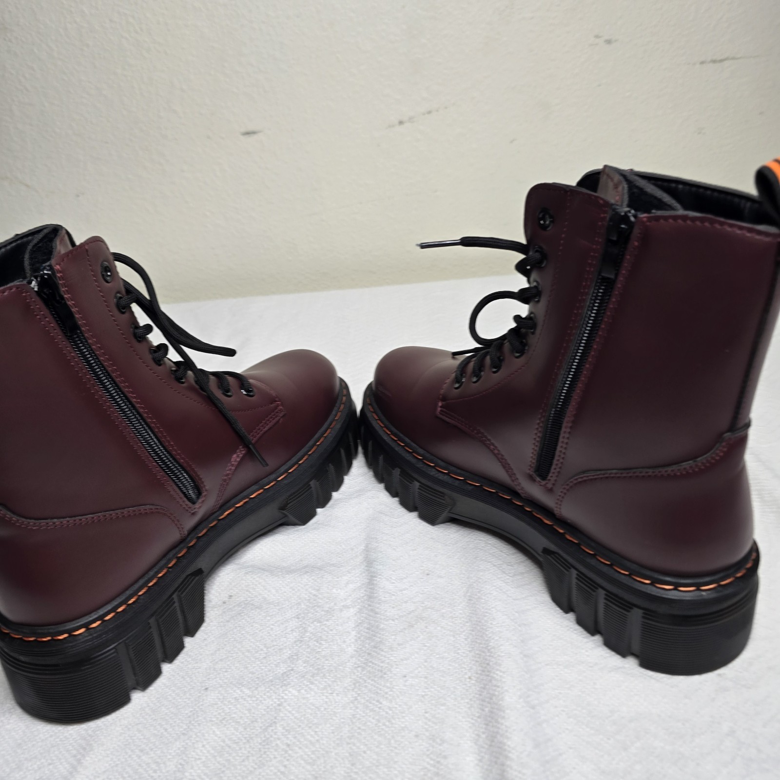 Women’s Burgundy Combat Ankle Boots Lace Up Side Zip Round Toe NELLY-1 Size 10
