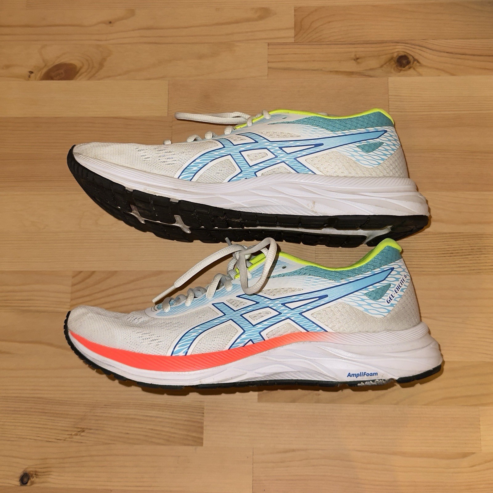 Asics Gel Excite-6 RunningShoes Size 10 White Blue Neon Yellow Athletic Sneaker
