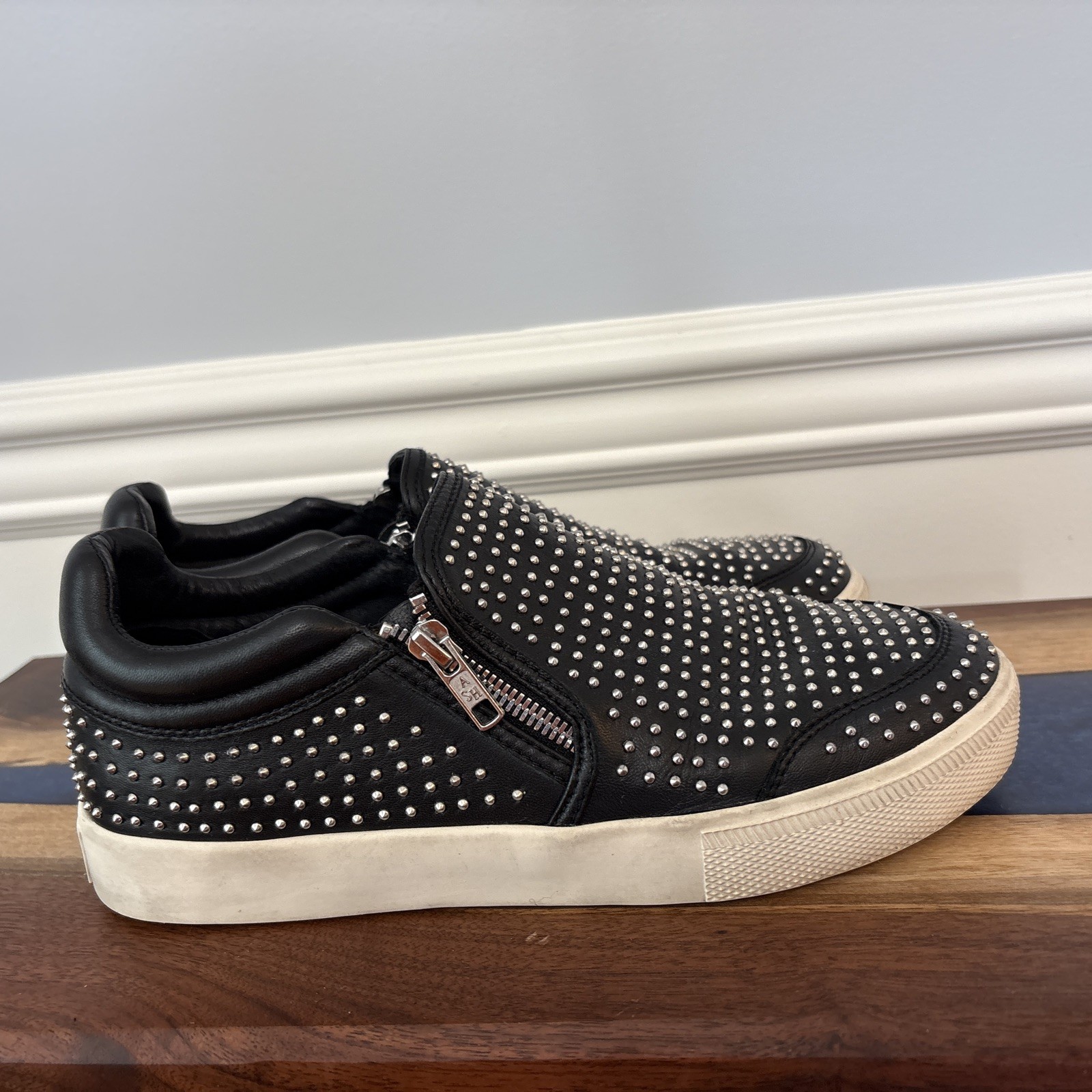 Ash IMAN Studded Sneaker Double Zip Black Leather/White/Silver Size 40 US 9.5-10