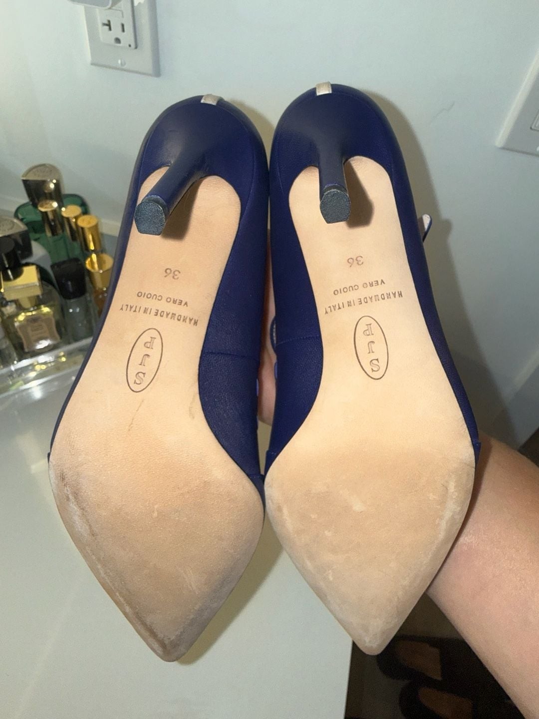SJP Sarah Jessica Parker Navy Leather T-Strap Pointed Toe Heels Size 36